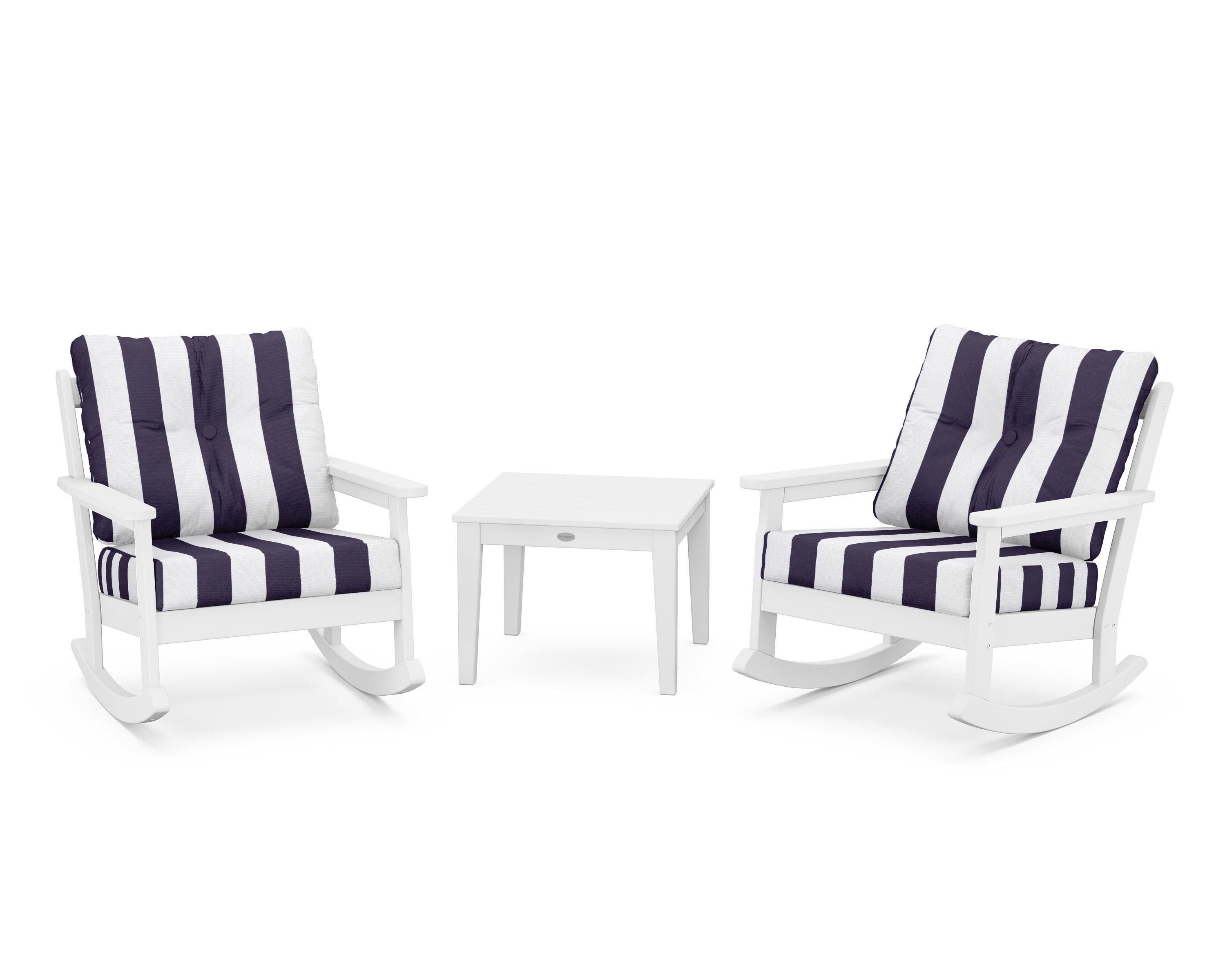 POLYWOOD® Vineyard 3-Piece Deep Seating Rocker Set in White / Cabana Stripe Navy