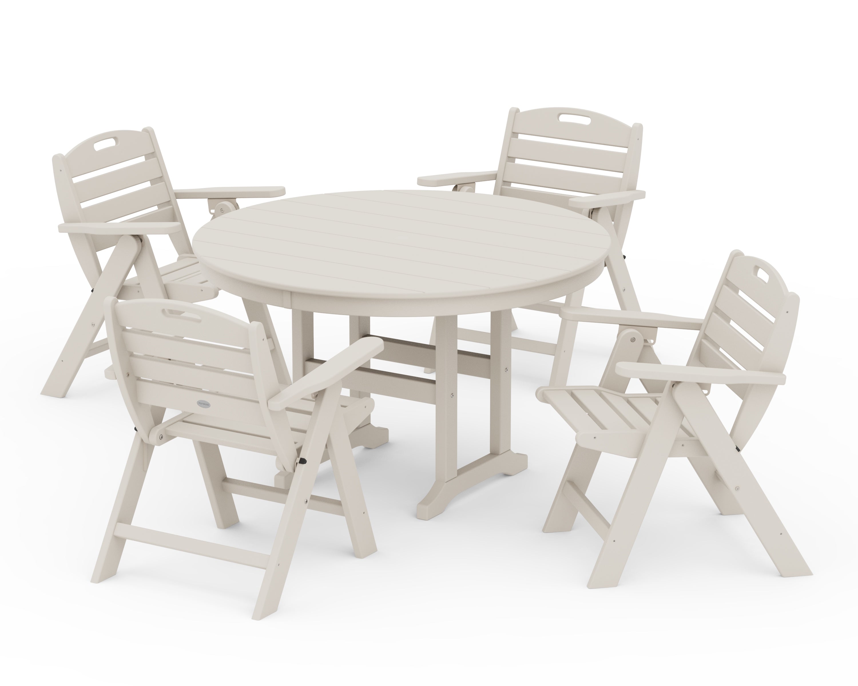 POLYWOOD® Nautical Folding Lowback Chair 5-Piece Round Farmhouse Dining Set in Sand
