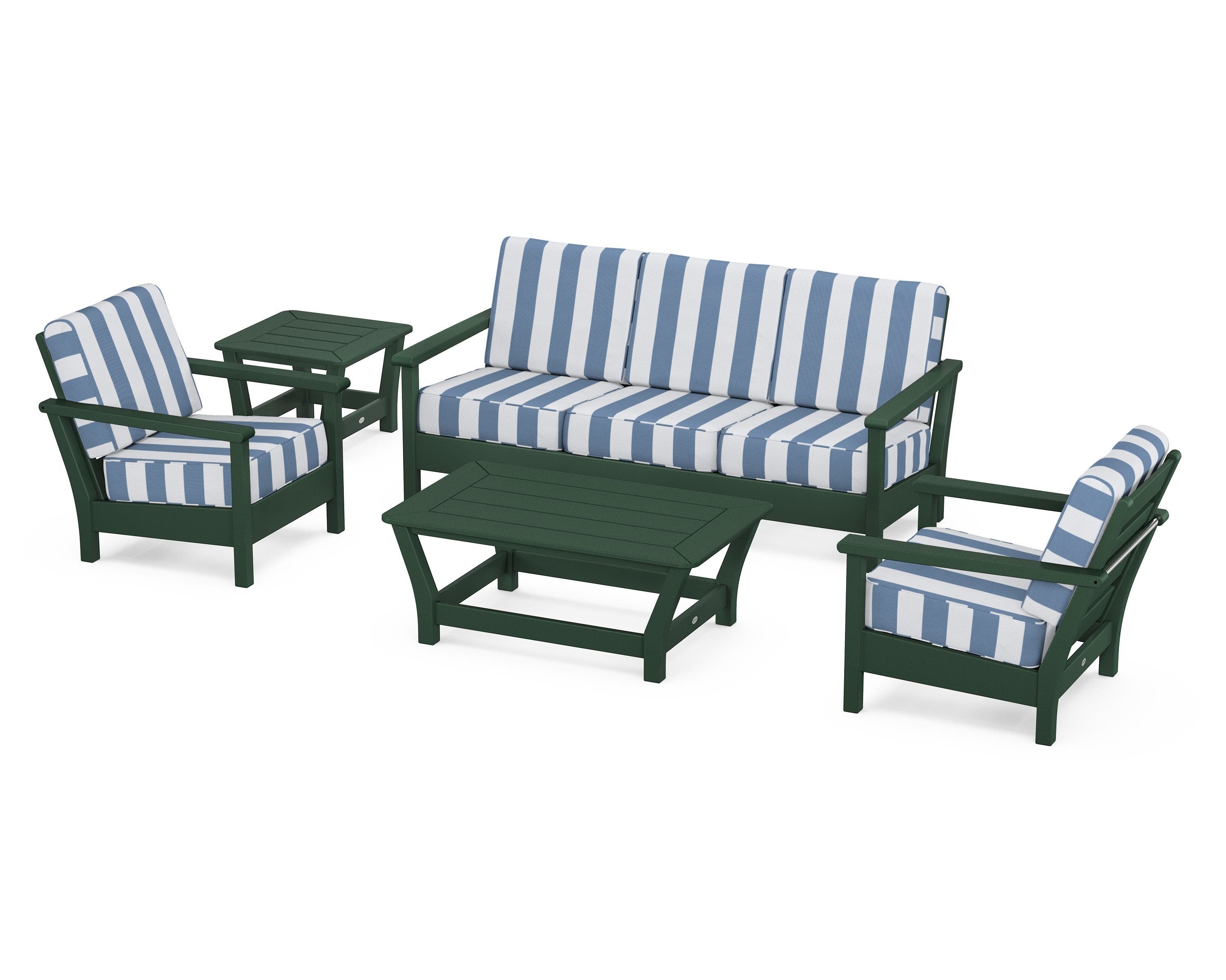 POLYWOOD® Harbour 5-Piece Deep Seating Set in Green / Cabana Stripe Sky Blue