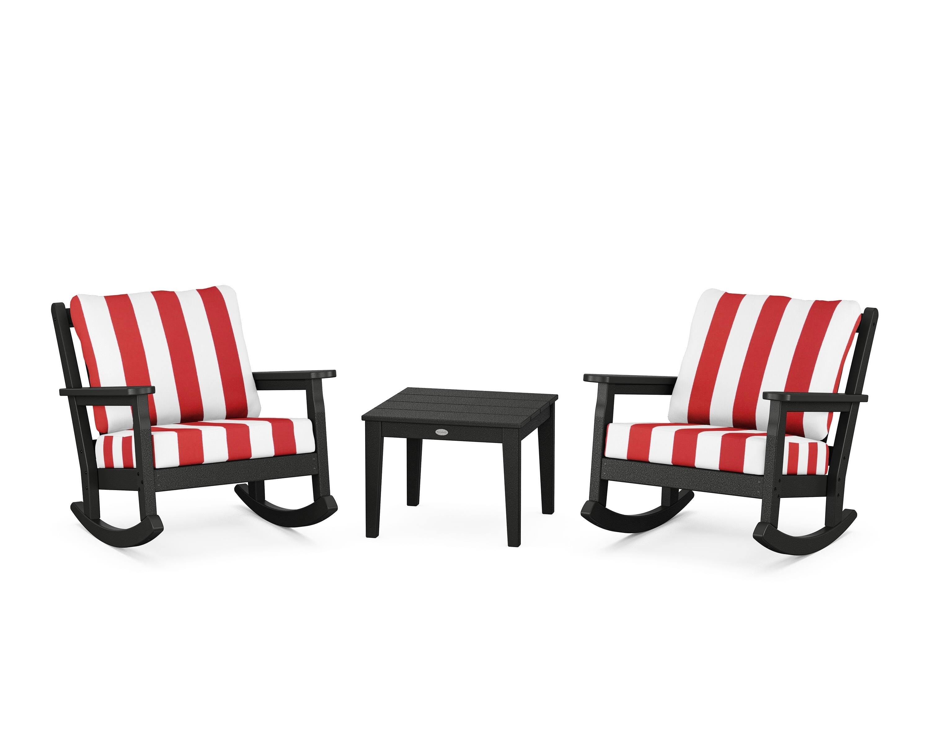 POLYWOOD® Chippendale 3-Piece Deep Seating Rocker Set in Black / Cabana Stripe Crimson