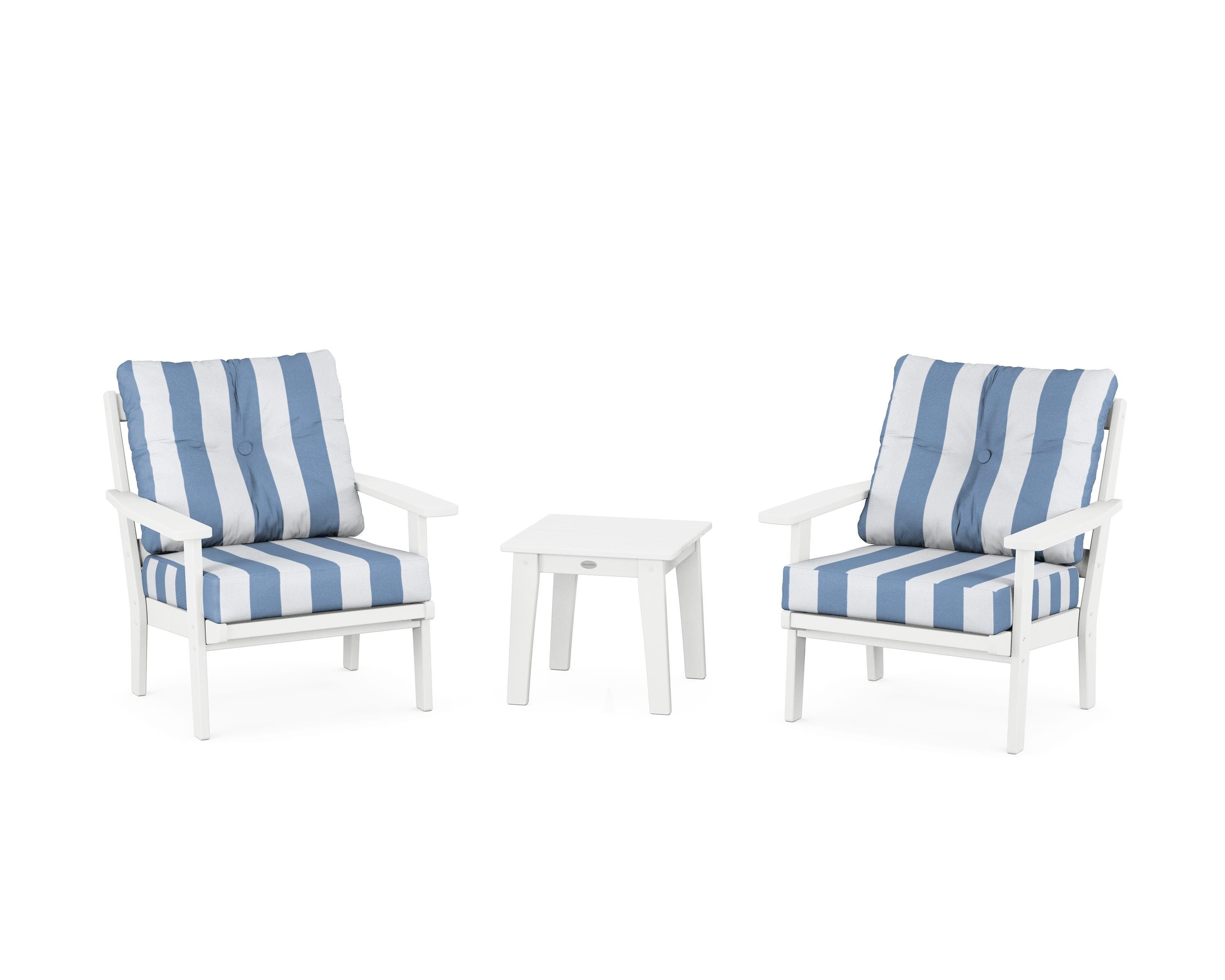 POLYWOOD® Oxford 3-Piece Deep Seating Set in White / Cabana Stripe Sky Blue