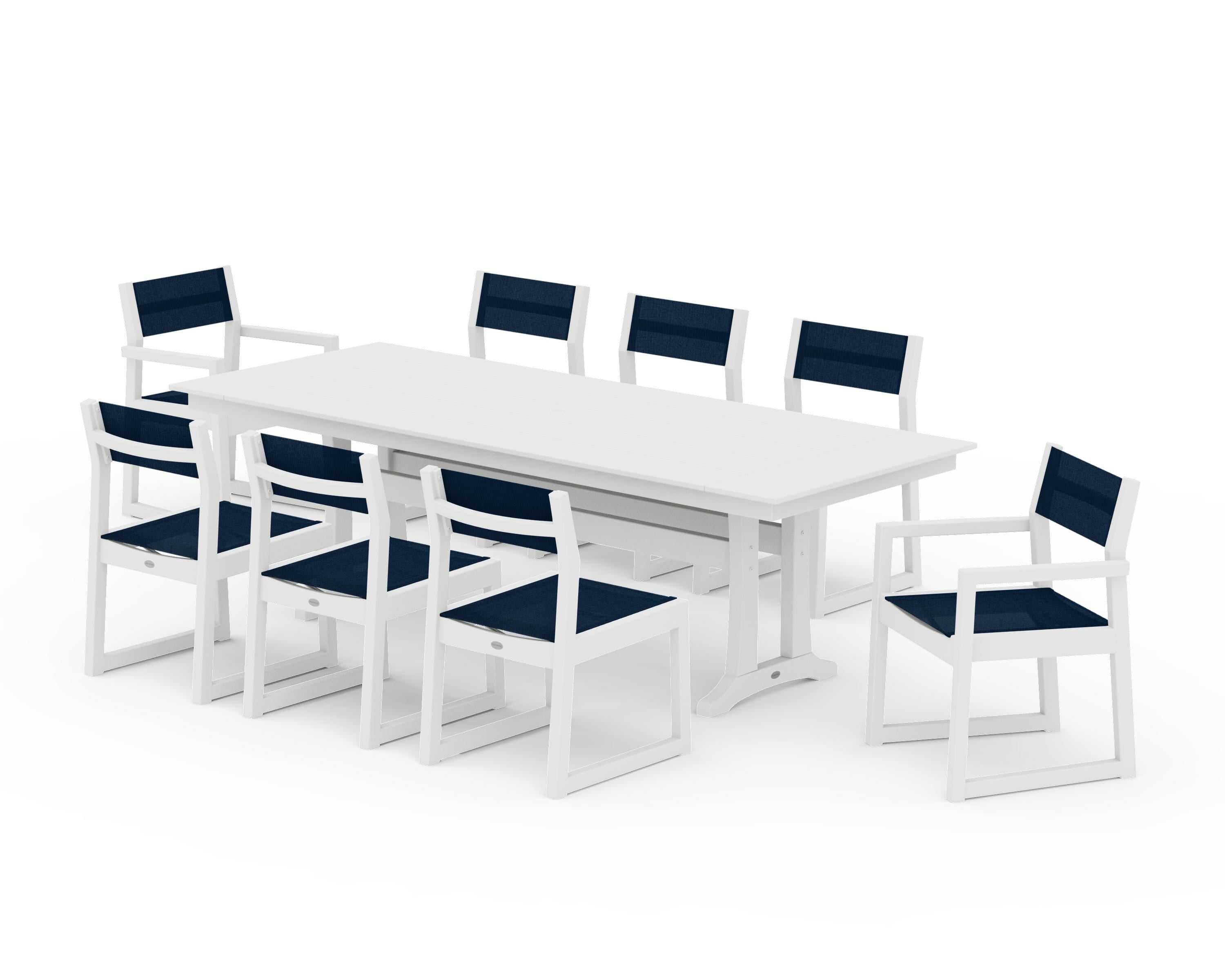 POLYWOOD® EDGE Sling 9-Piece Farmhouse Trestle Dining Set in White / Navy Blue Sling