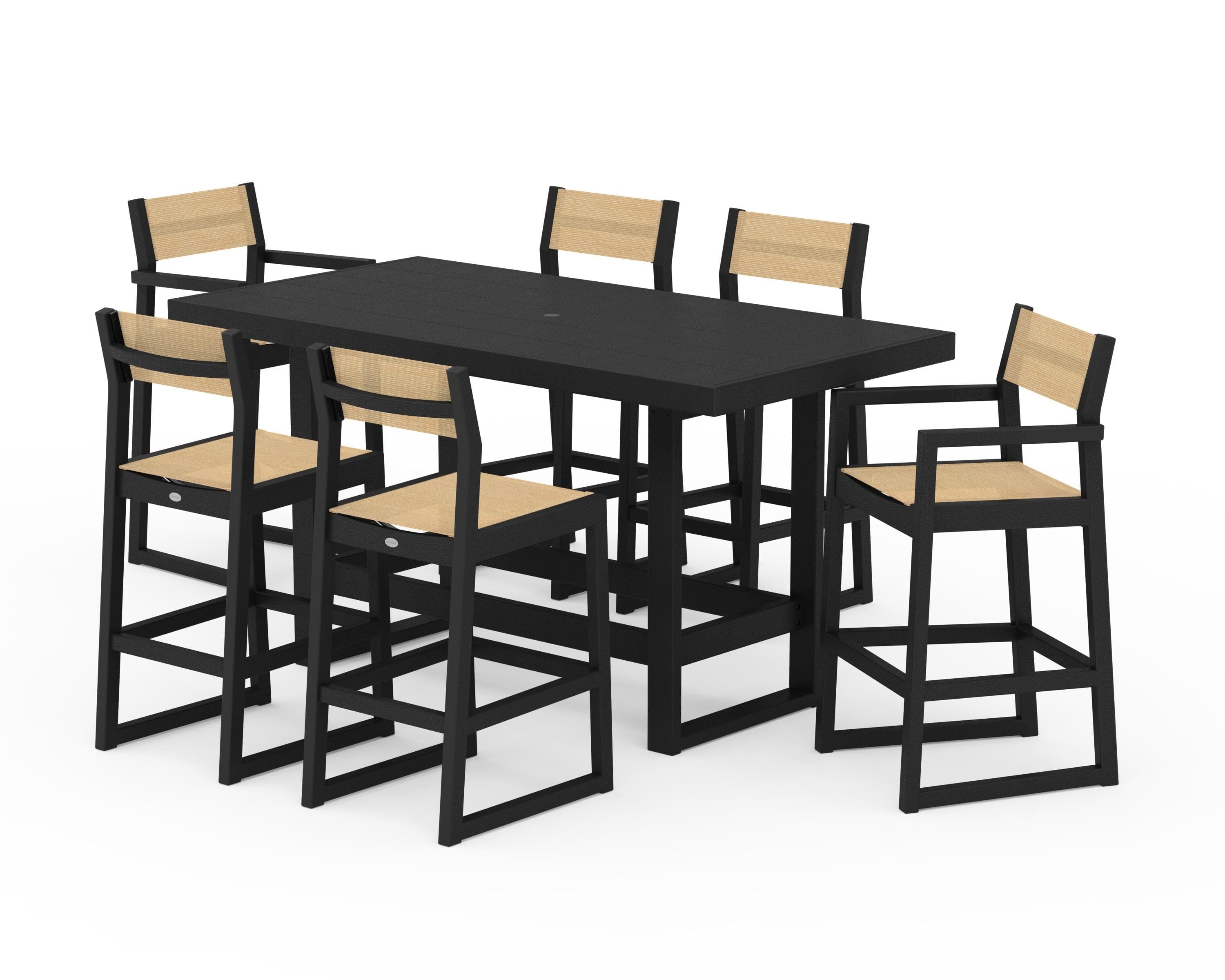 POLYWOOD® EDGE Sling 7-Piece Bar Table Set in Black / Dupioni Apricot Sling