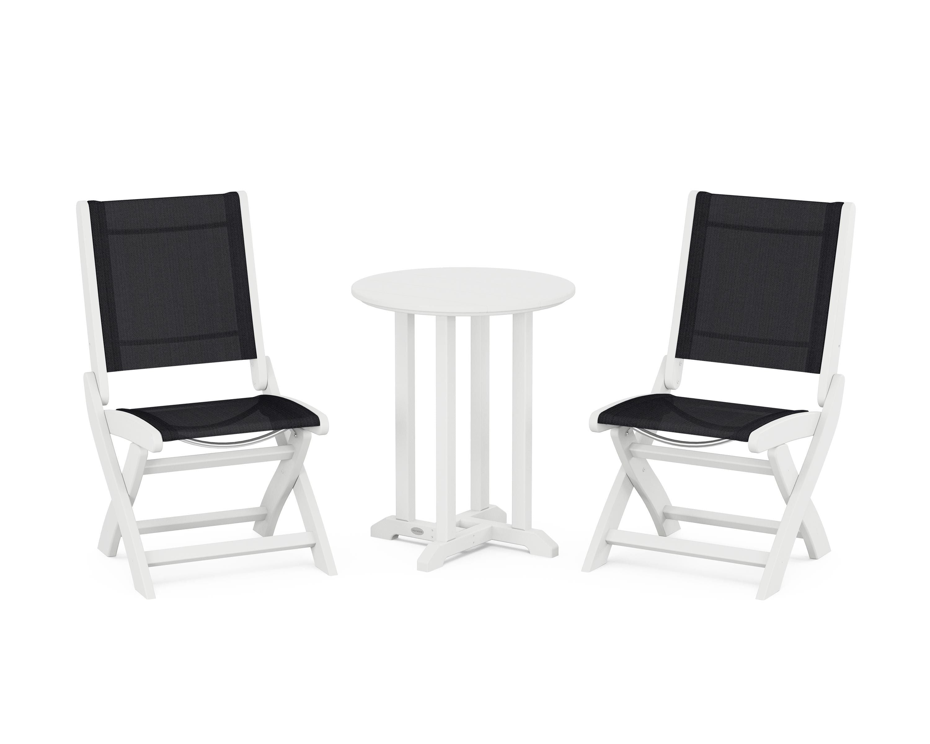 POLYWOOD® Coastal Folding Side Chair 3-Piece Round Bistro Dining Set in White / Black Sling