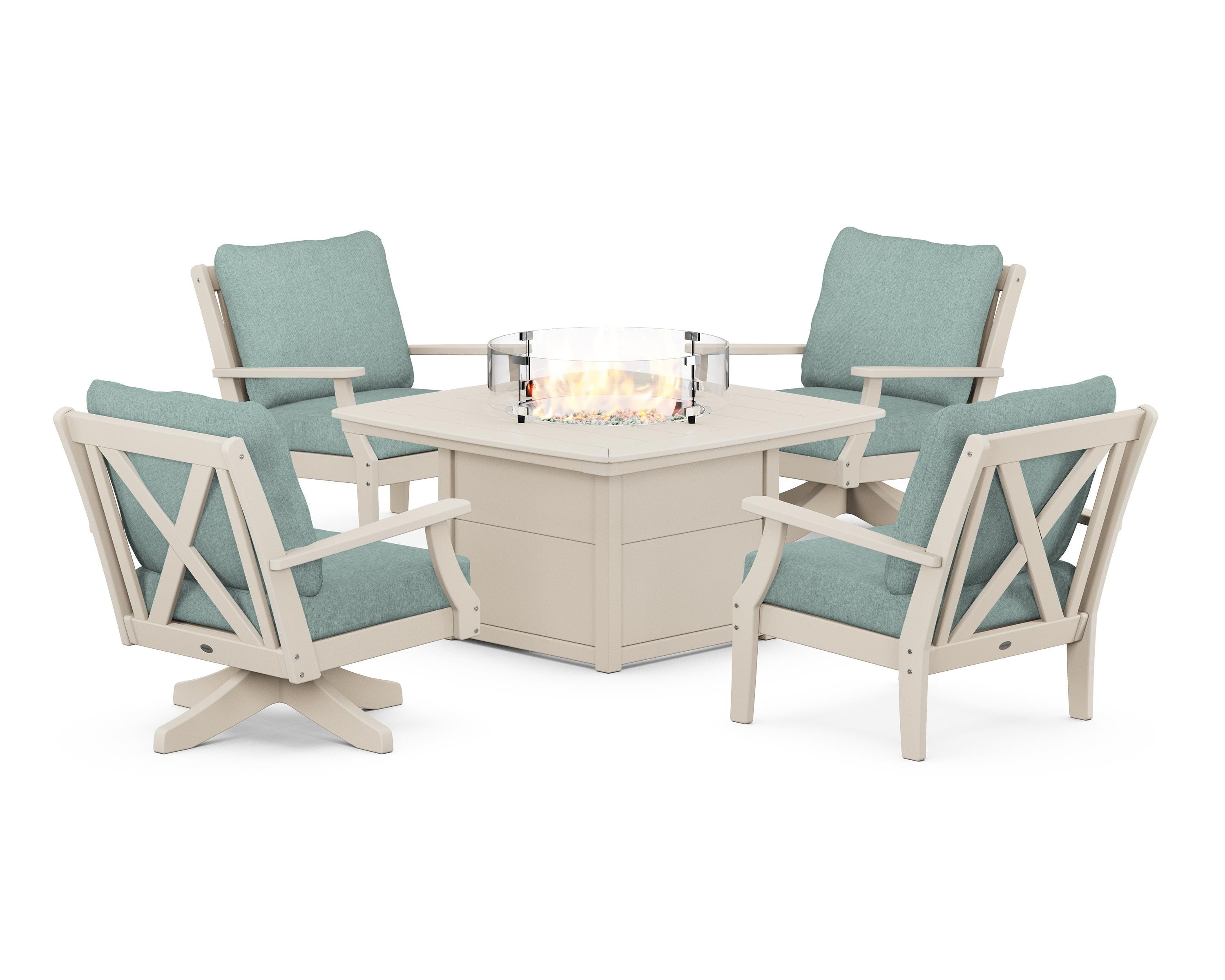 POLYWOOD® Braxton 5-Piece Deep Seating Set with Fire Table in Sand / Glacier Spa