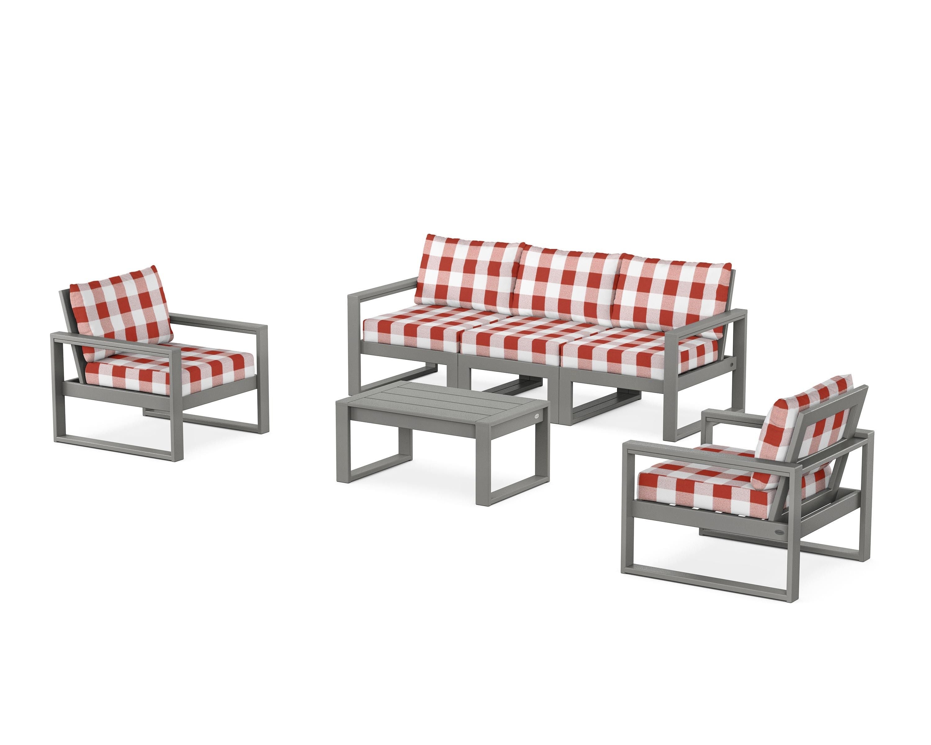 POLYWOOD® EDGE Sectional 4-Piece Deep Seating Set with Sofa in Slate Grey / Buffalo Plaid Crimson