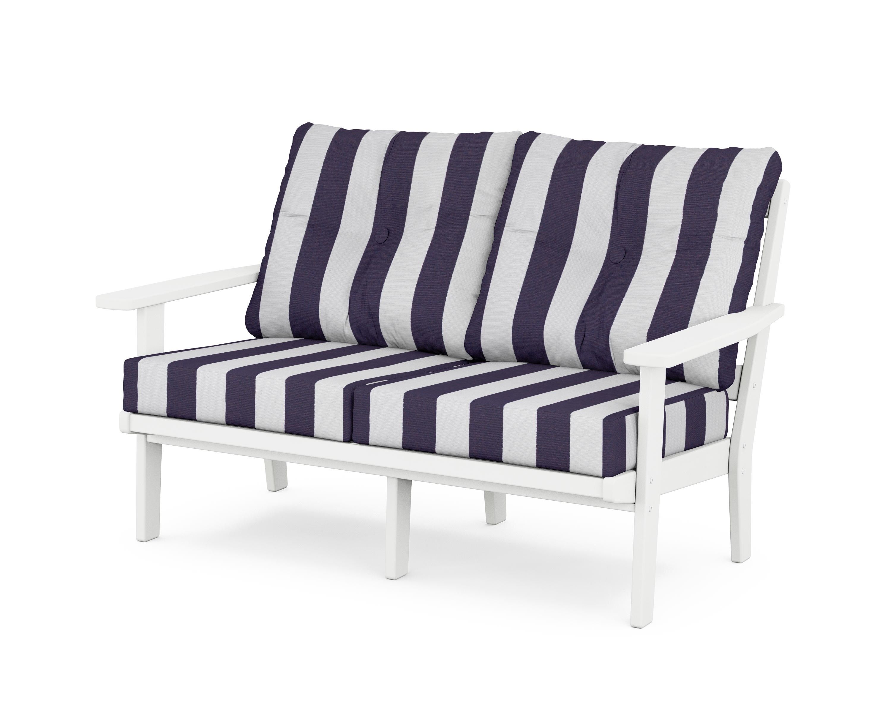POLYWOOD® Oxford Deep Seating Loveseat in White / Cabana Stripe Navy