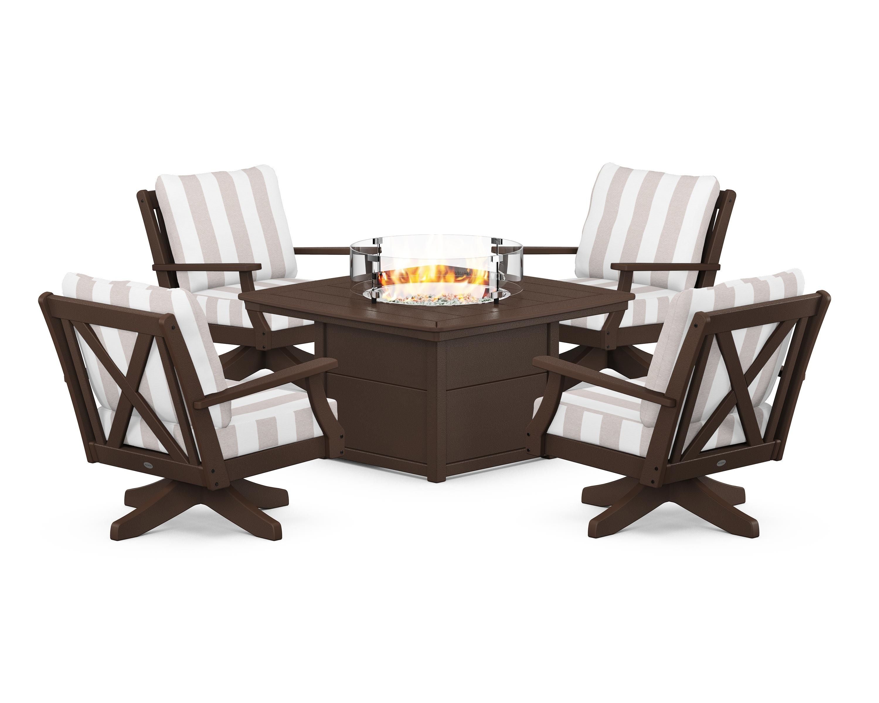 POLYWOOD® Braxton 5-Piece Deep Seating Swivel Conversation Set with Fire Pit Table in Mahogany / Cabana Stripe Dune Burlap