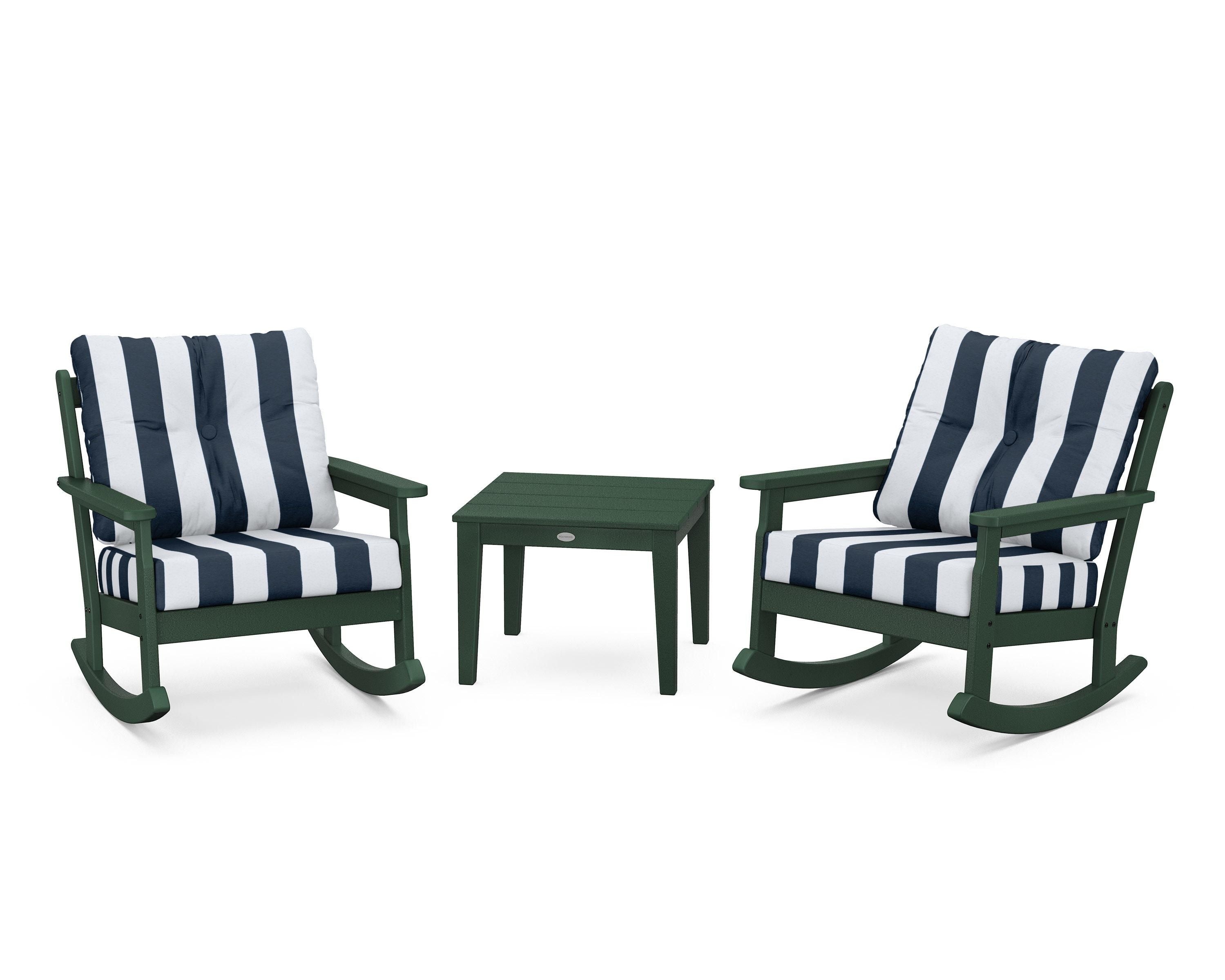 POLYWOOD® Vineyard 3-Piece Deep Seating Rocker Set in Green / Cabana Stripe Marine Indigo