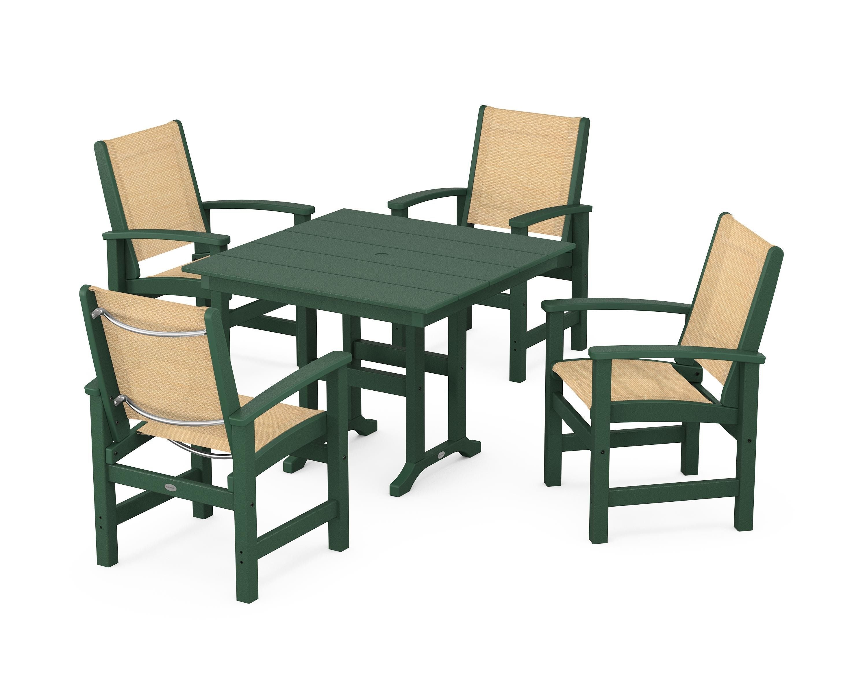 POLYWOOD® Coastal 5-Piece Farmhouse Dining Set in Green / Dupioni Apricot Sling