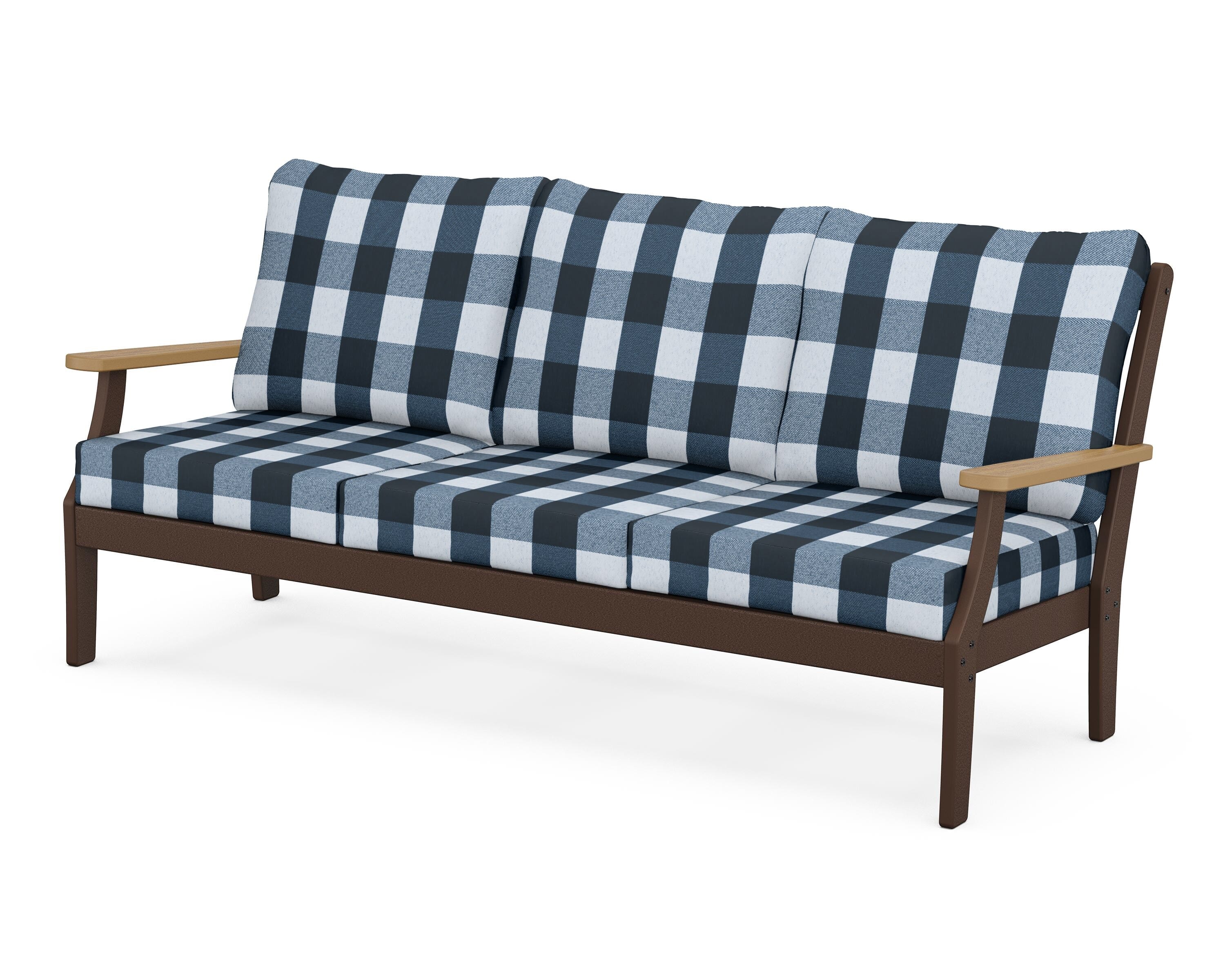 POLYWOOD® Braxton Deep Seating Sofa in Mahogany / Natural / Buffalo Plaid Marine Indigo