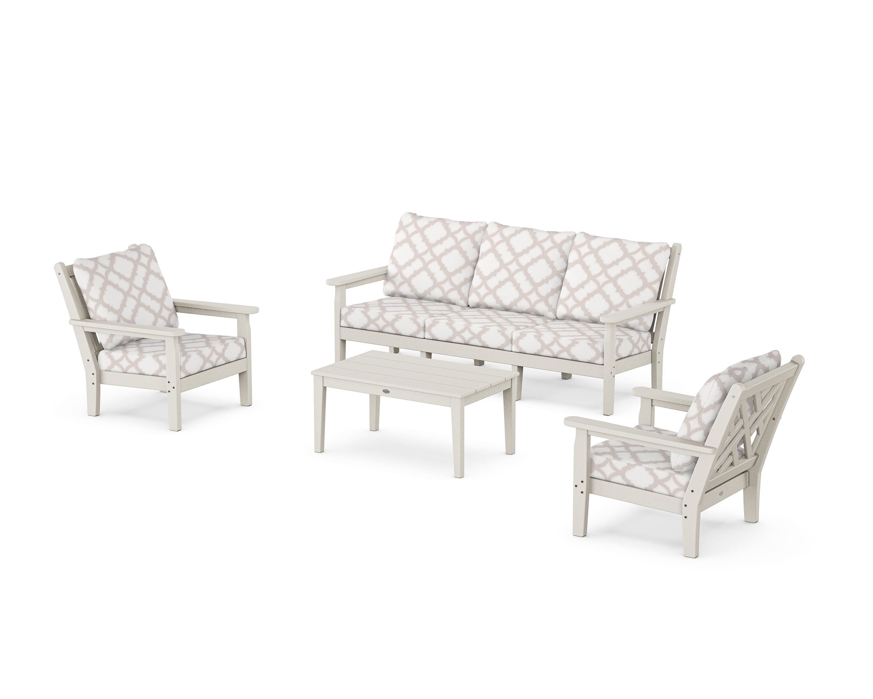 POLYWOOD® Chippendale 4-Piece Deep Seating Set with Sofa in Sand / Trellis Dune Burlap