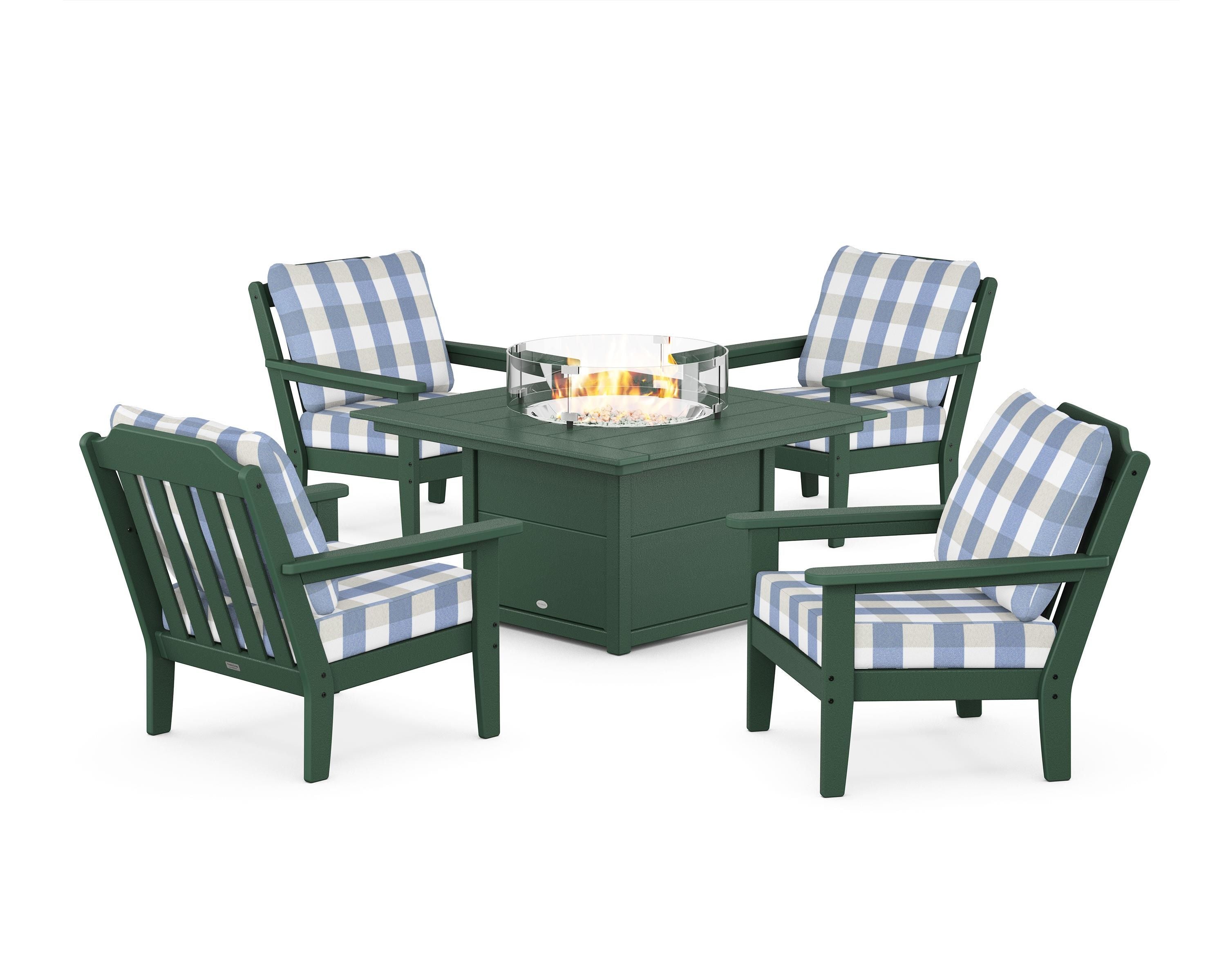 Country Living Cottage 5-Piece Deep Seating Set with Fire Pit Table in Green / Buffalo Plaid Sky Blue