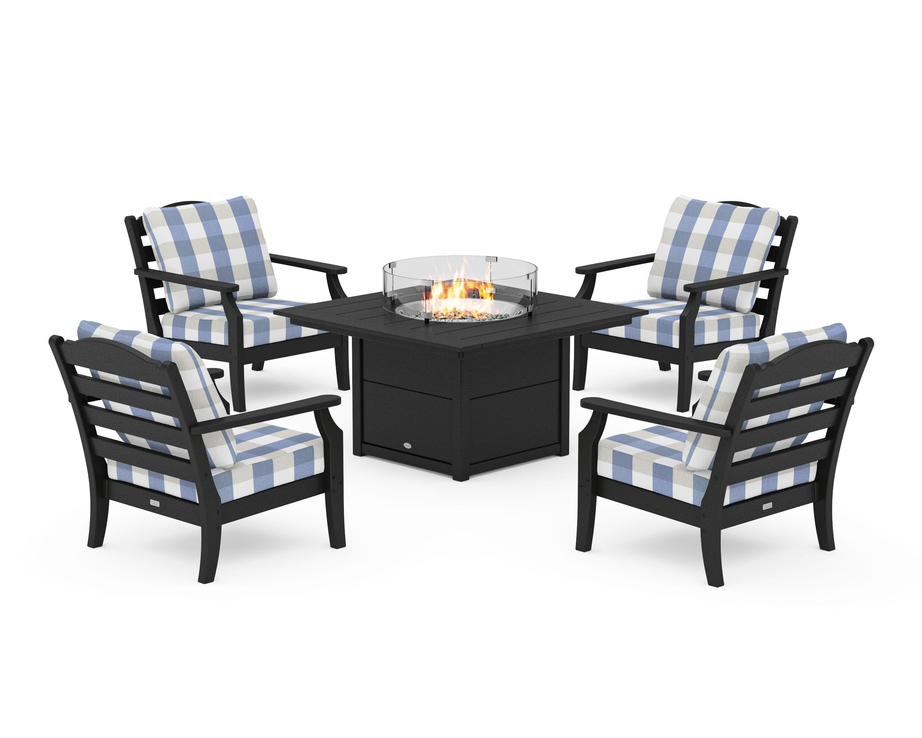 Draper James™ by POLYWOOD® Savannah 5-Piece Deep Seating Set with Fire Pit Table in Black / Buffalo Plaid Sky Blue