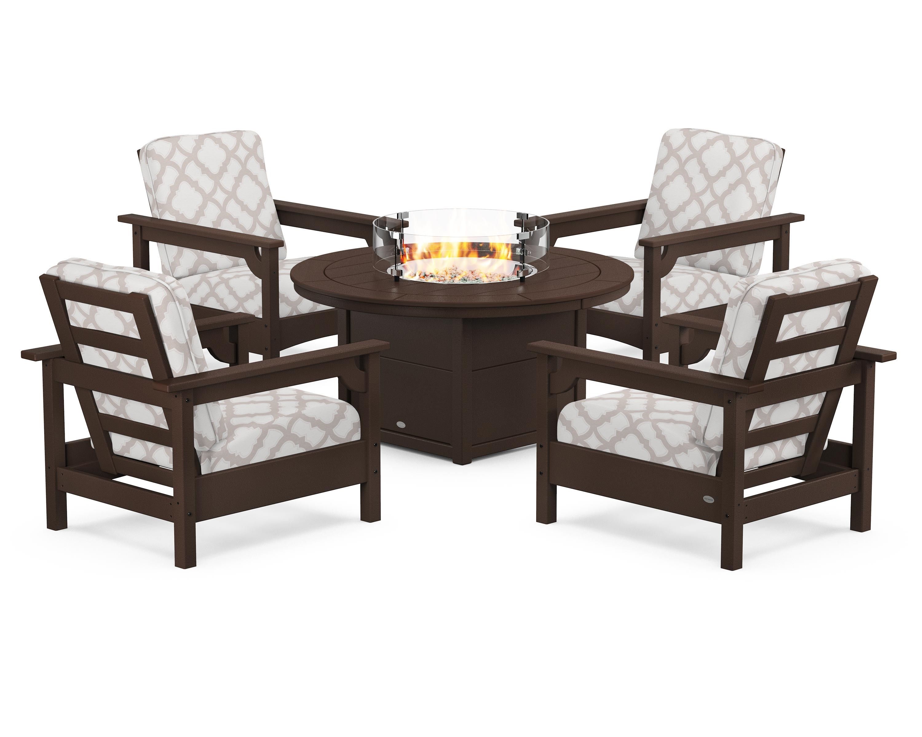 POLYWOOD® Club 5-Piece Conversation Set with Fire Pit Table in Mahogany / Trellis Dune Burlap