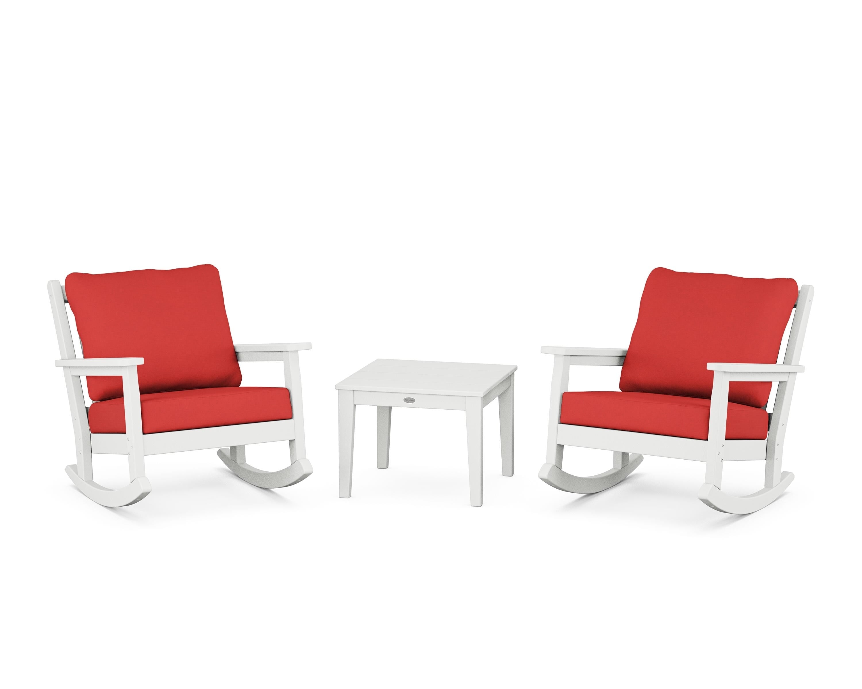 POLYWOOD® Chippendale 3-Piece Deep Seating Rocker Set in White / Crimson Linen