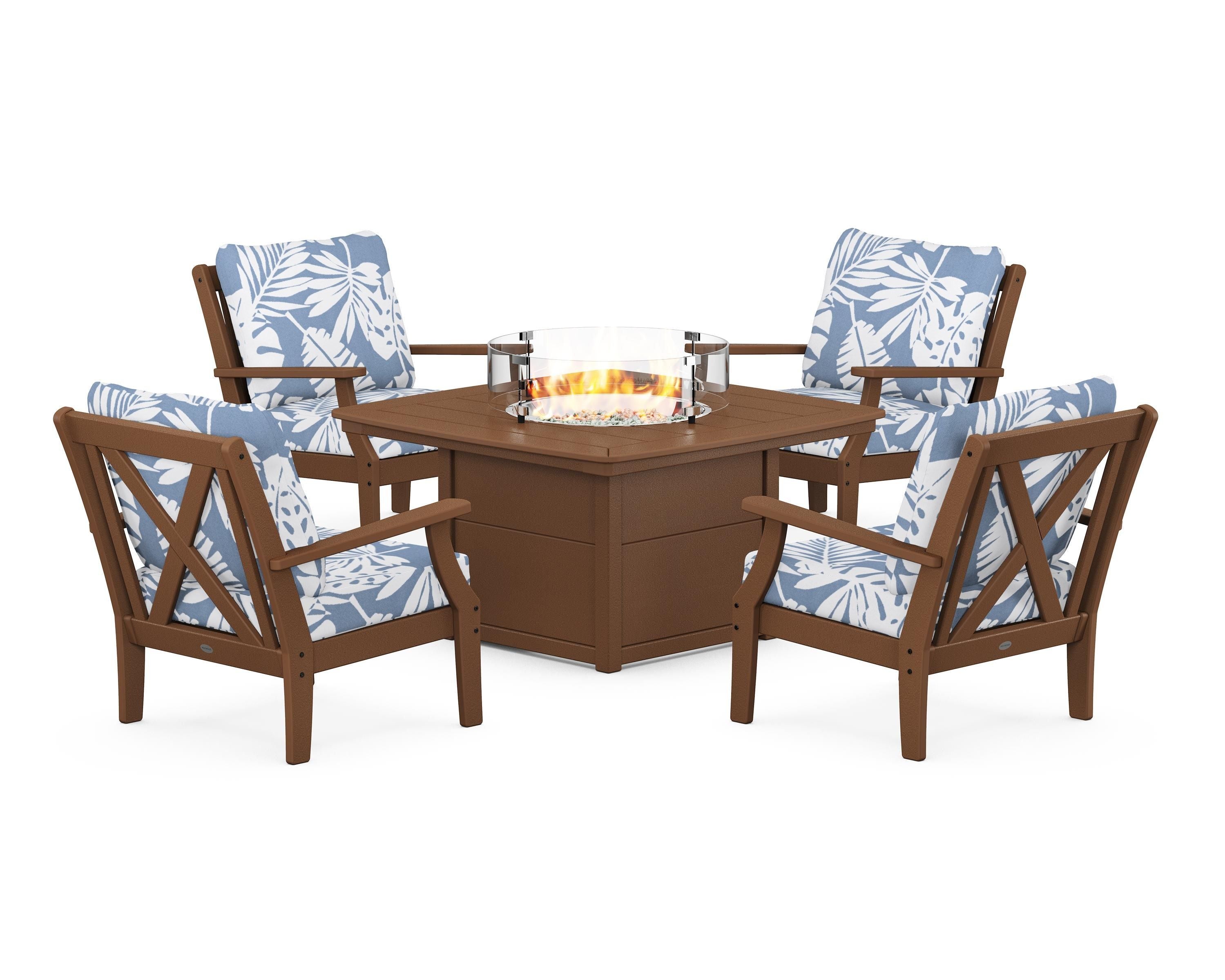 POLYWOOD® Braxton 5-Piece Deep Seating Conversation Set with Fire Pit Table in Teak / Leaf Sky Blue