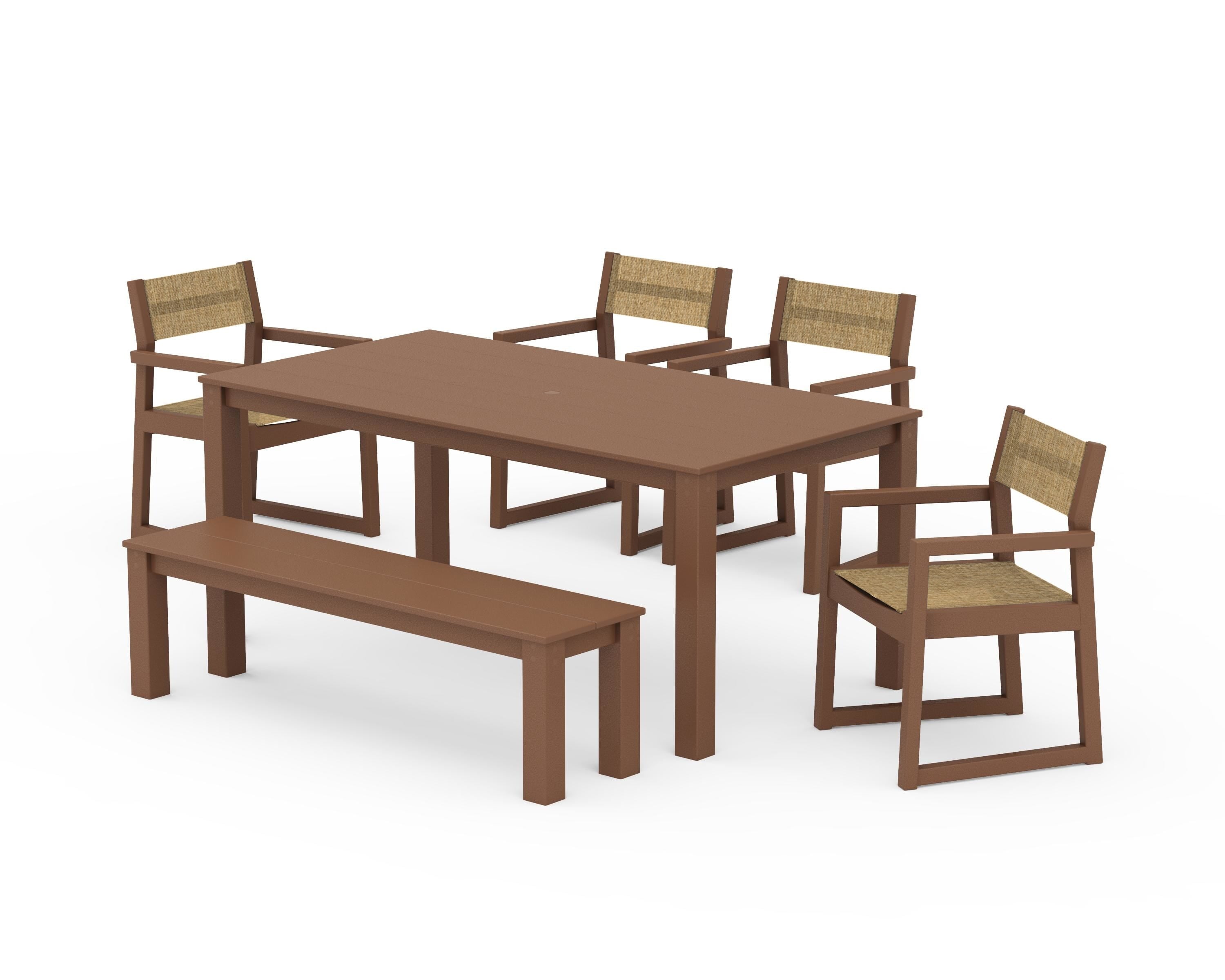 POLYWOOD® EDGE Sling Arm Chair 6-Piece Parsons Dining Set with Bench in Teak / Burlap Sling