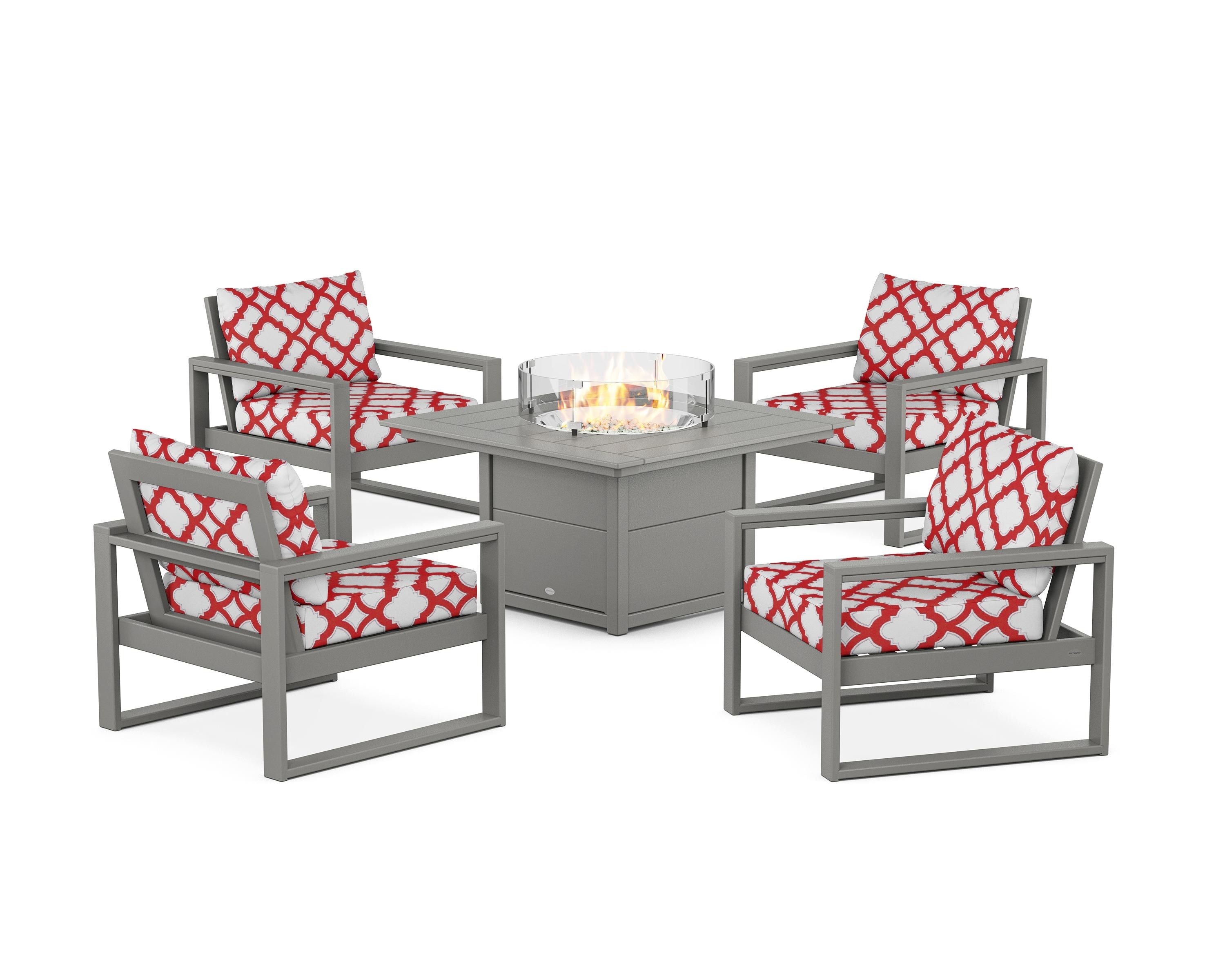POLYWOOD® EDGE Sectional 5-Piece Deep Seating Set with Fire Pit Table in Slate Grey / Trellis Crimson