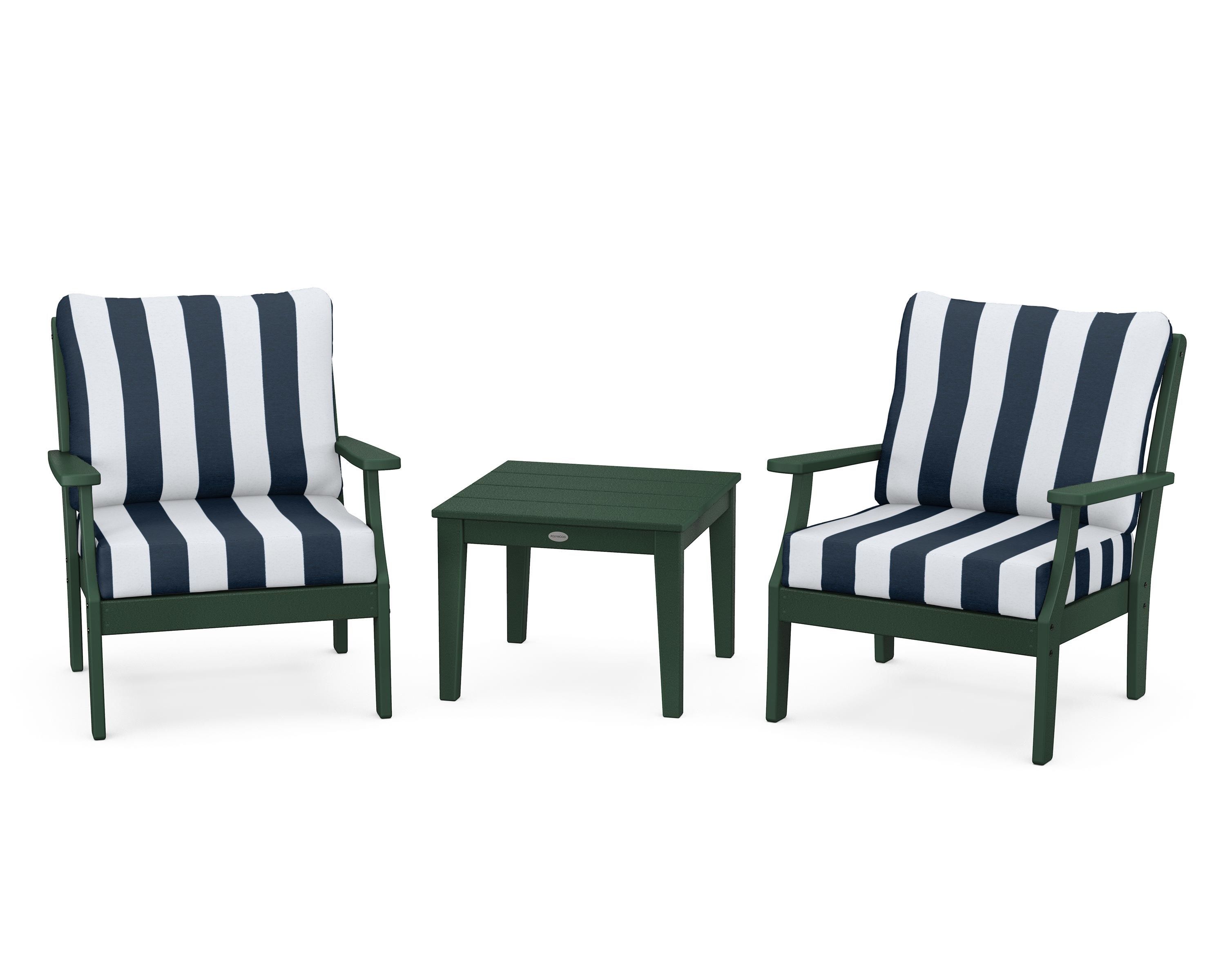 POLYWOOD® Braxton 3-Piece Deep Seating Set in Green / Cabana Stripe Marine Indigo