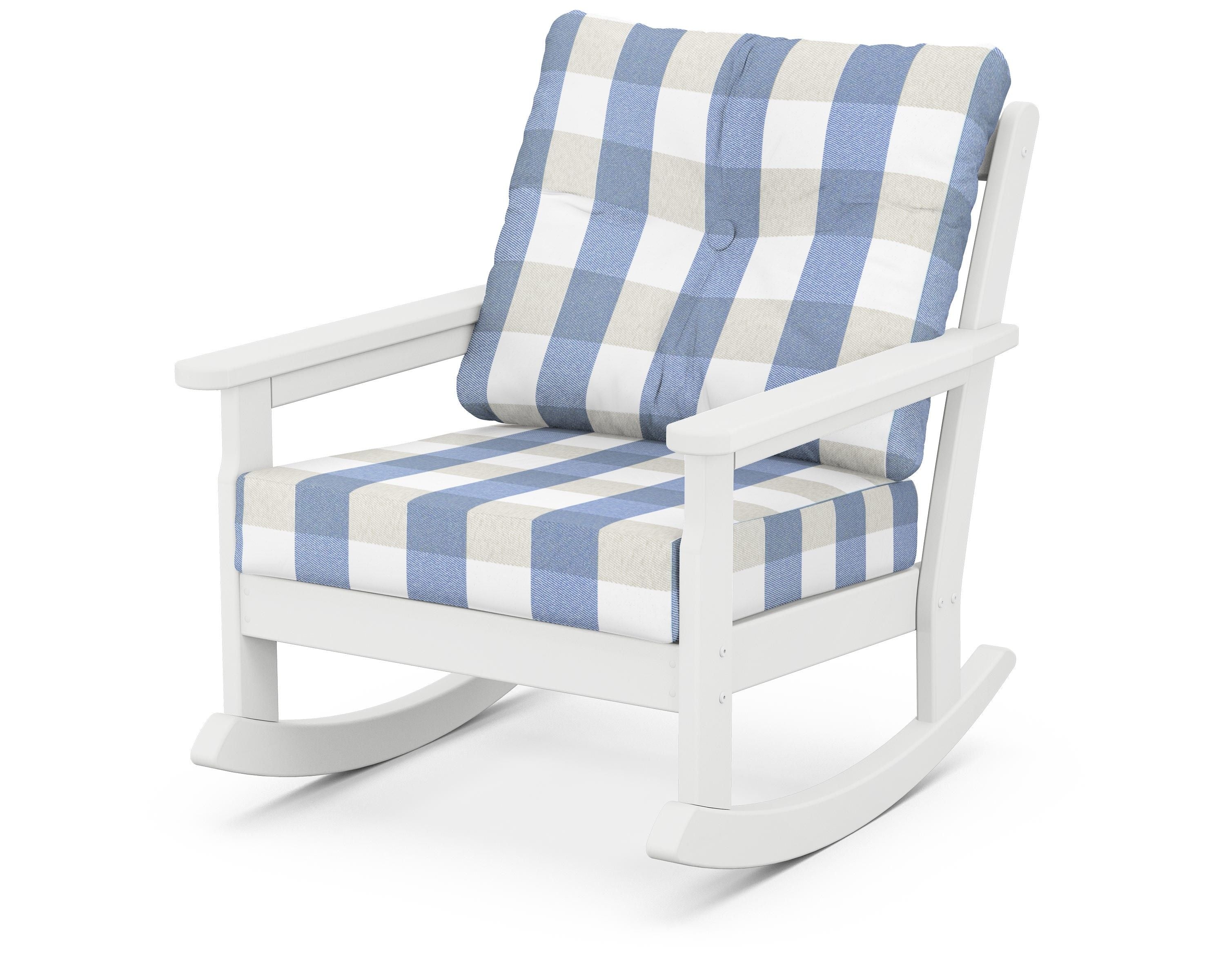 POLYWOOD® Vineyard Deep Seating Rocking Chair in White / Buffalo Plaid Sky Blue