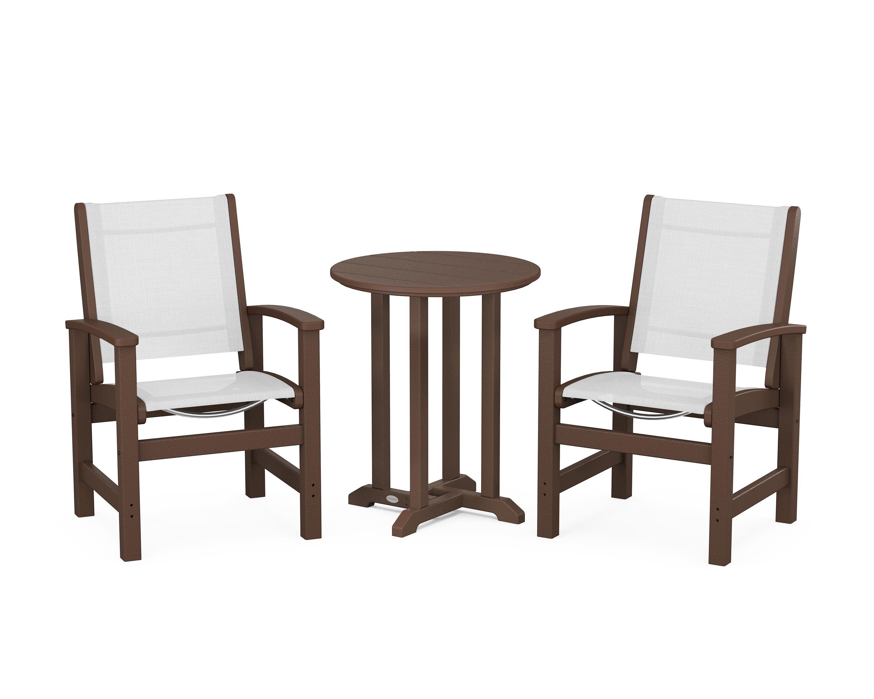 POLYWOOD® Coastal 3-Piece Round Bistro Dining Set in Mahogany / White Sling