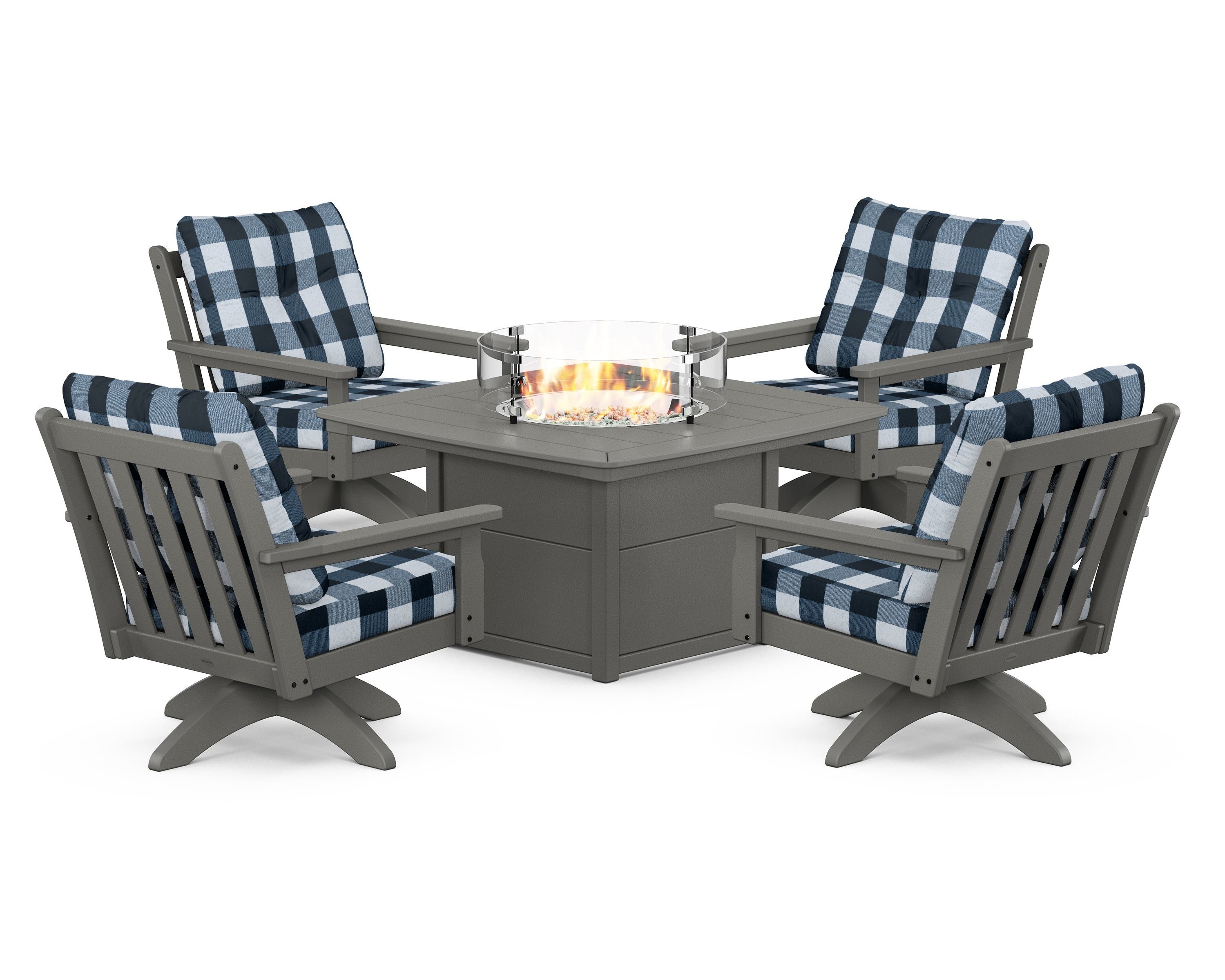 POLYWOOD® Vineyard 5-Piece Deep Seating Swivel Conversation Set with Fire Pit Table in Slate Grey / Buffalo Plaid Marine Indigo