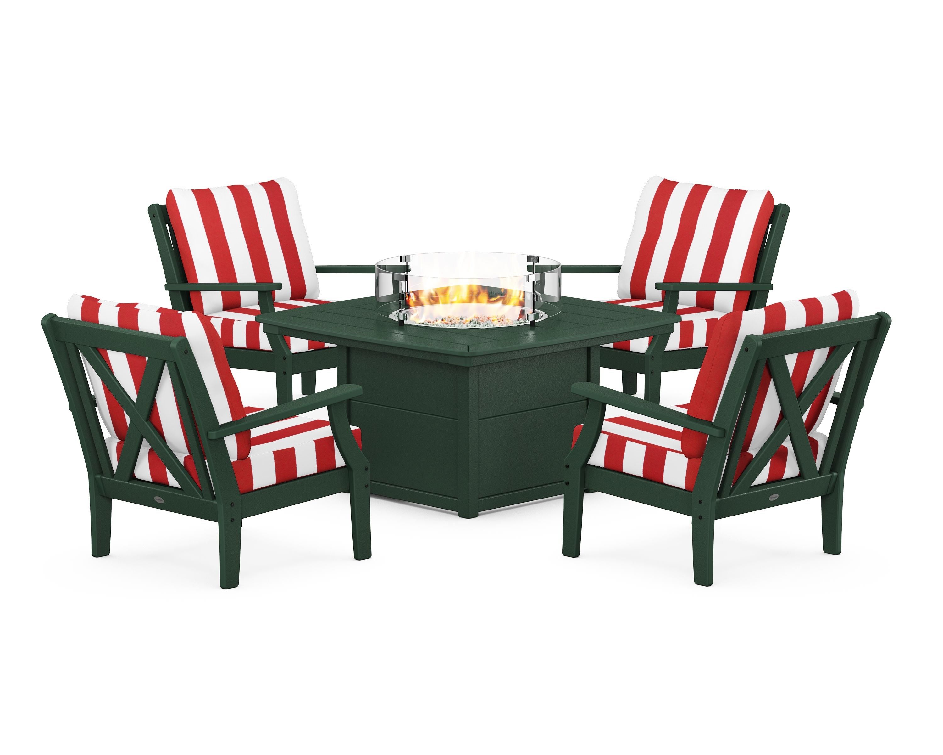 POLYWOOD® Braxton 5-Piece Deep Seating Conversation Set with Fire Pit Table in Green / Cabana Stripe Crimson