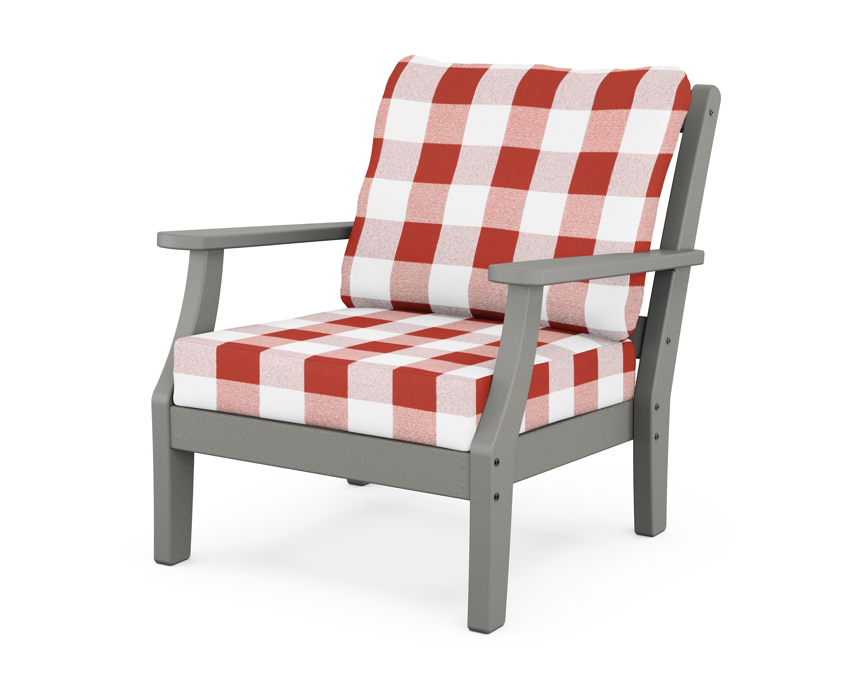 Martha Stewart by POLYWOOD® Chinoiserie Deep Seating Chair in Slate Grey / Buffalo Plaid Crimson