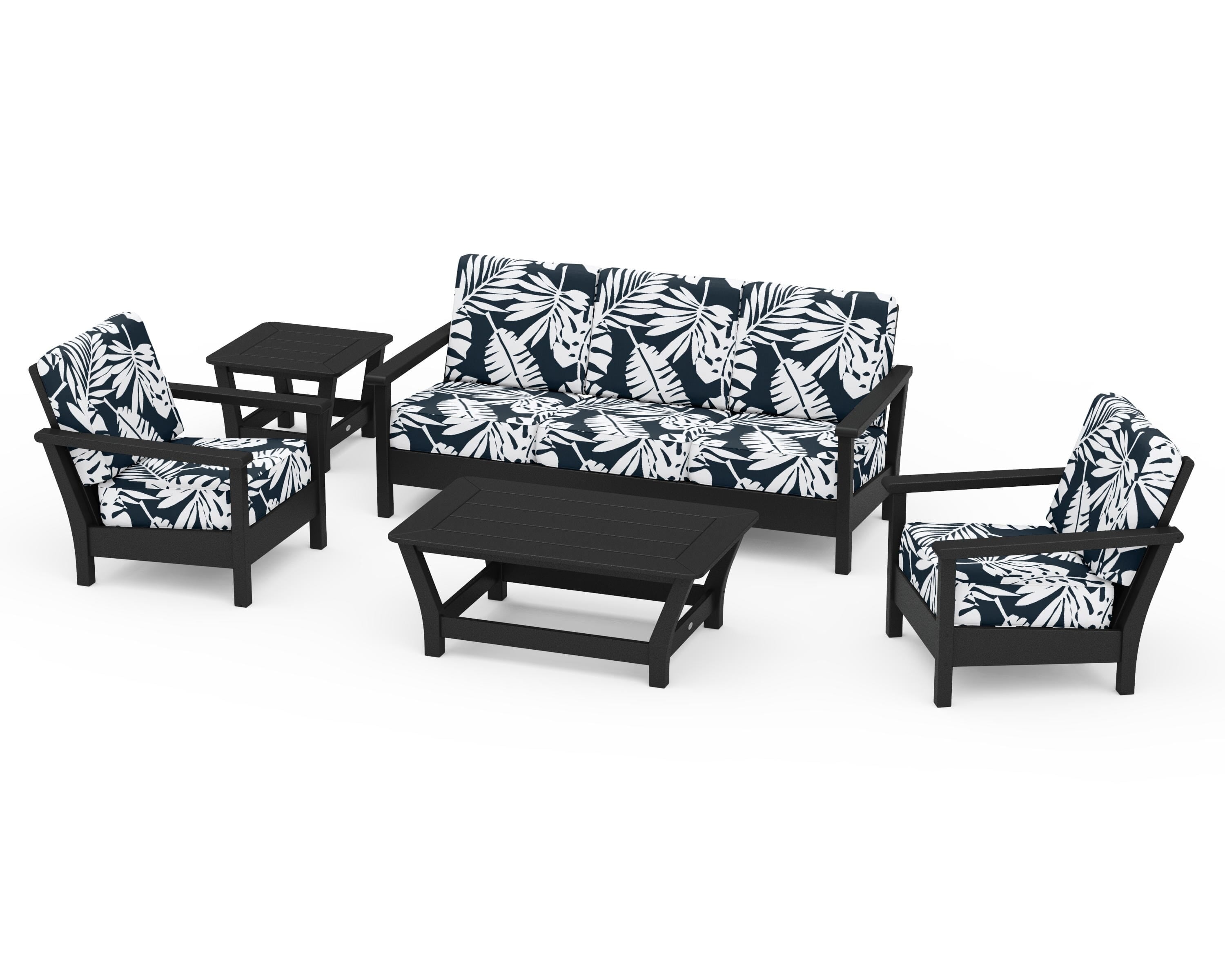 POLYWOOD® Harbour 5-Piece Deep Seating Set in Black / Leaf Marine Indigo