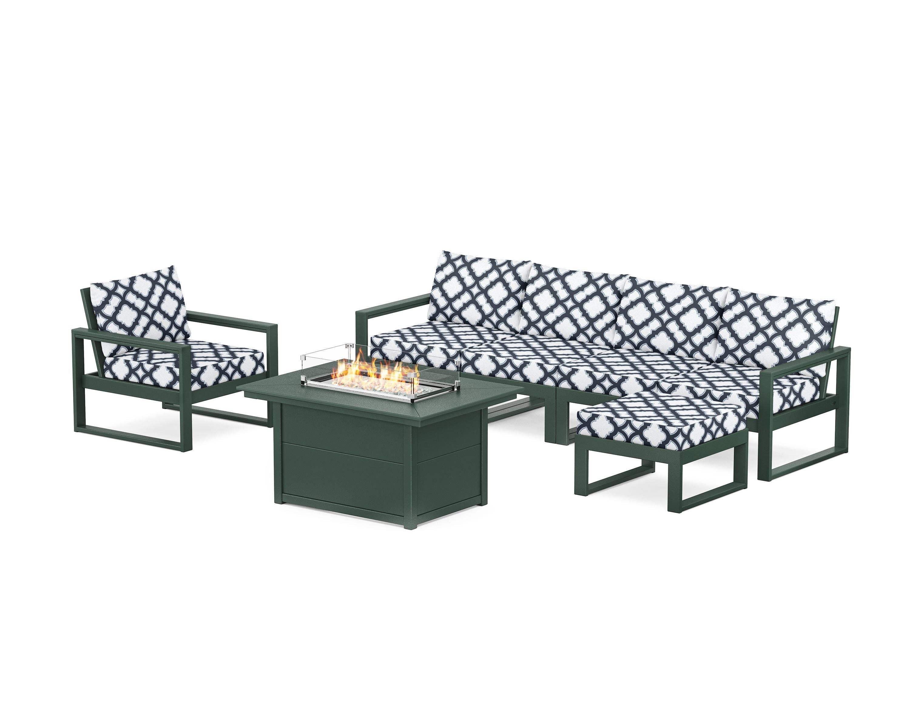 POLYWOOD® EDGE Sectional Lounge and Fire Pit Set in Green / Trellis Marine Indigo