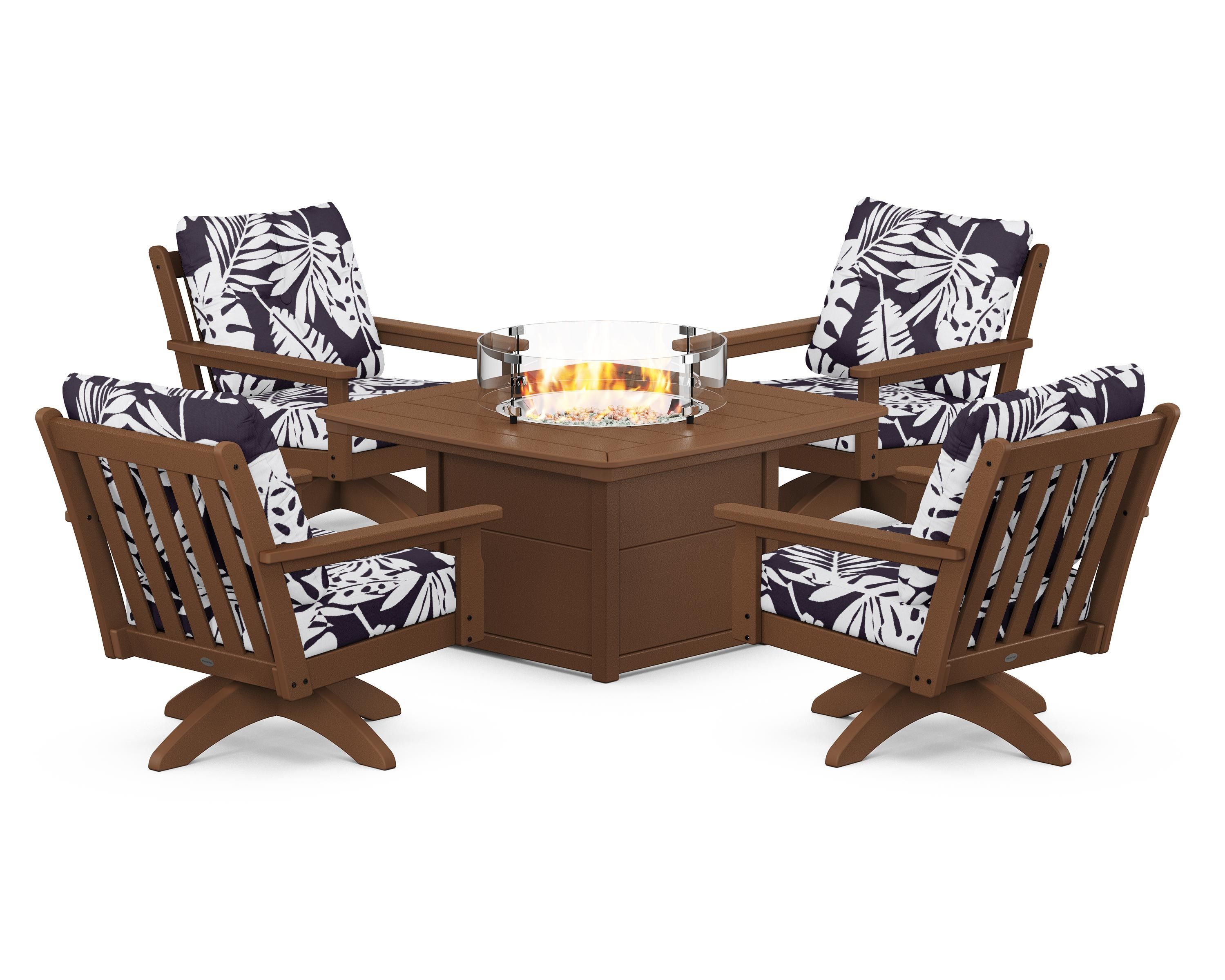 POLYWOOD® Vineyard 5-Piece Deep Seating Swivel Conversation Set with Fire Pit Table in Teak / Leaf Navy