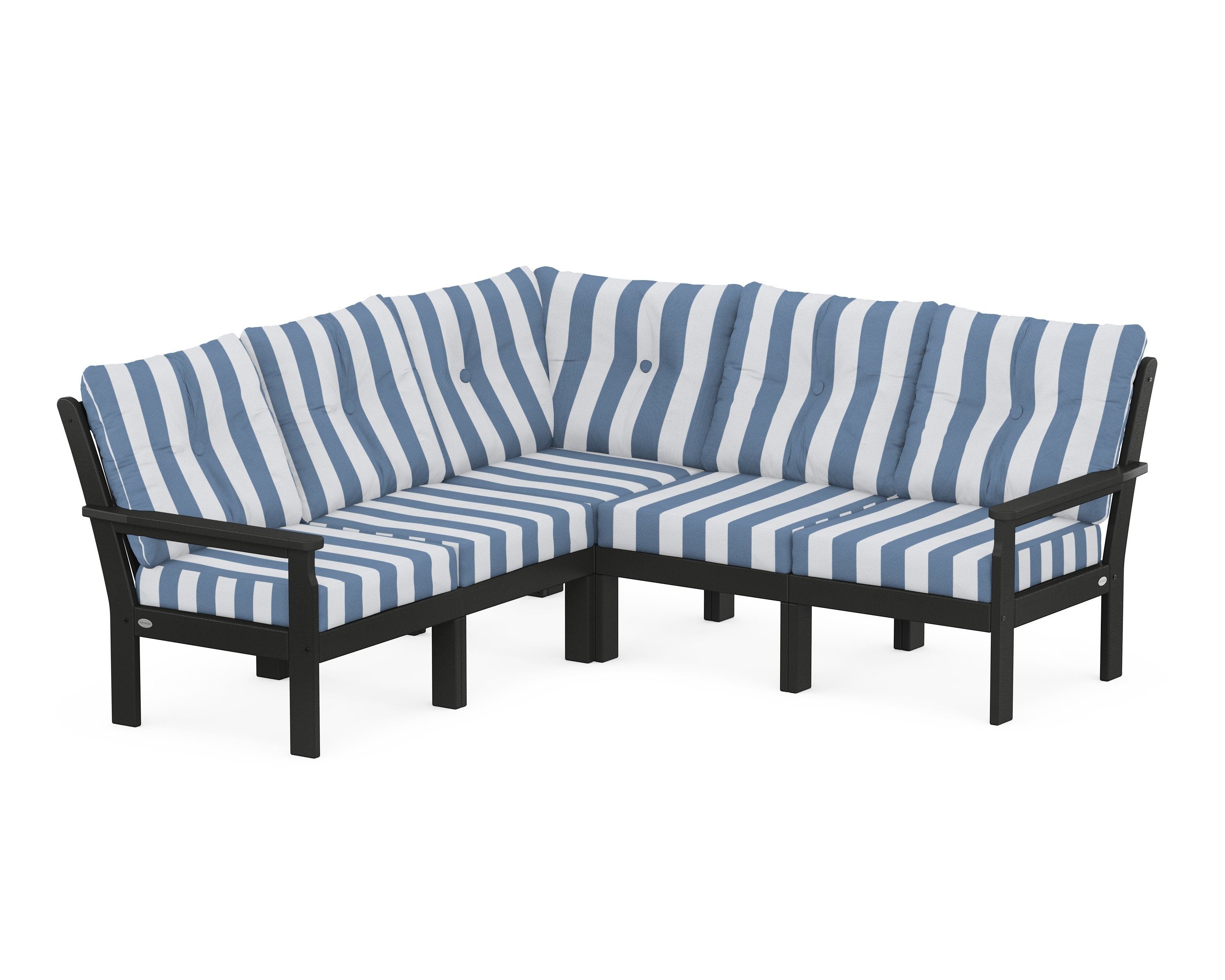 POLYWOOD® Vineyard 5-Piece Sectional in Black / Cabana Stripe Sky Blue