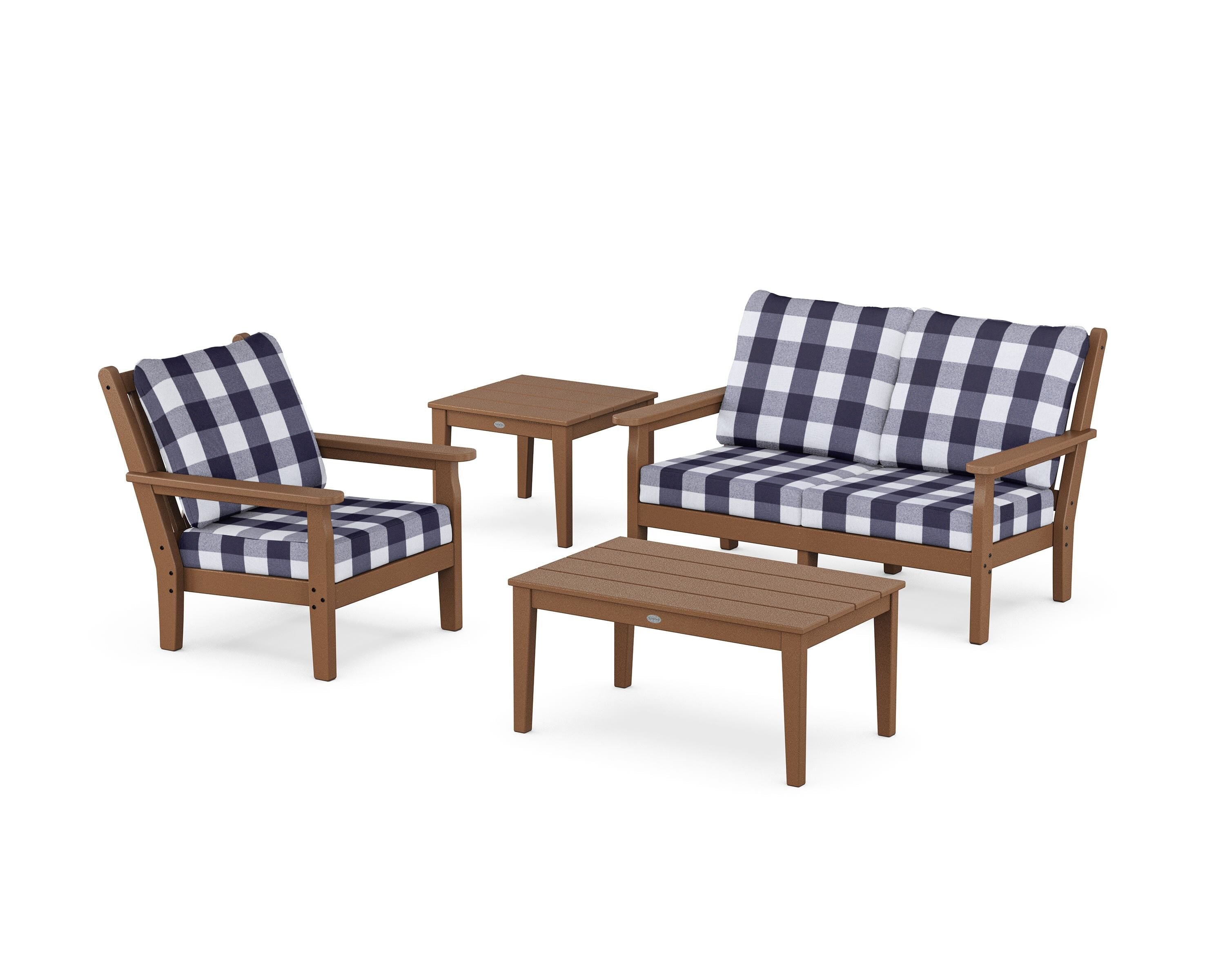 POLYWOOD® Chippendale 4-Piece Deep Seating Set in Teak / Buffalo Plaid Navy