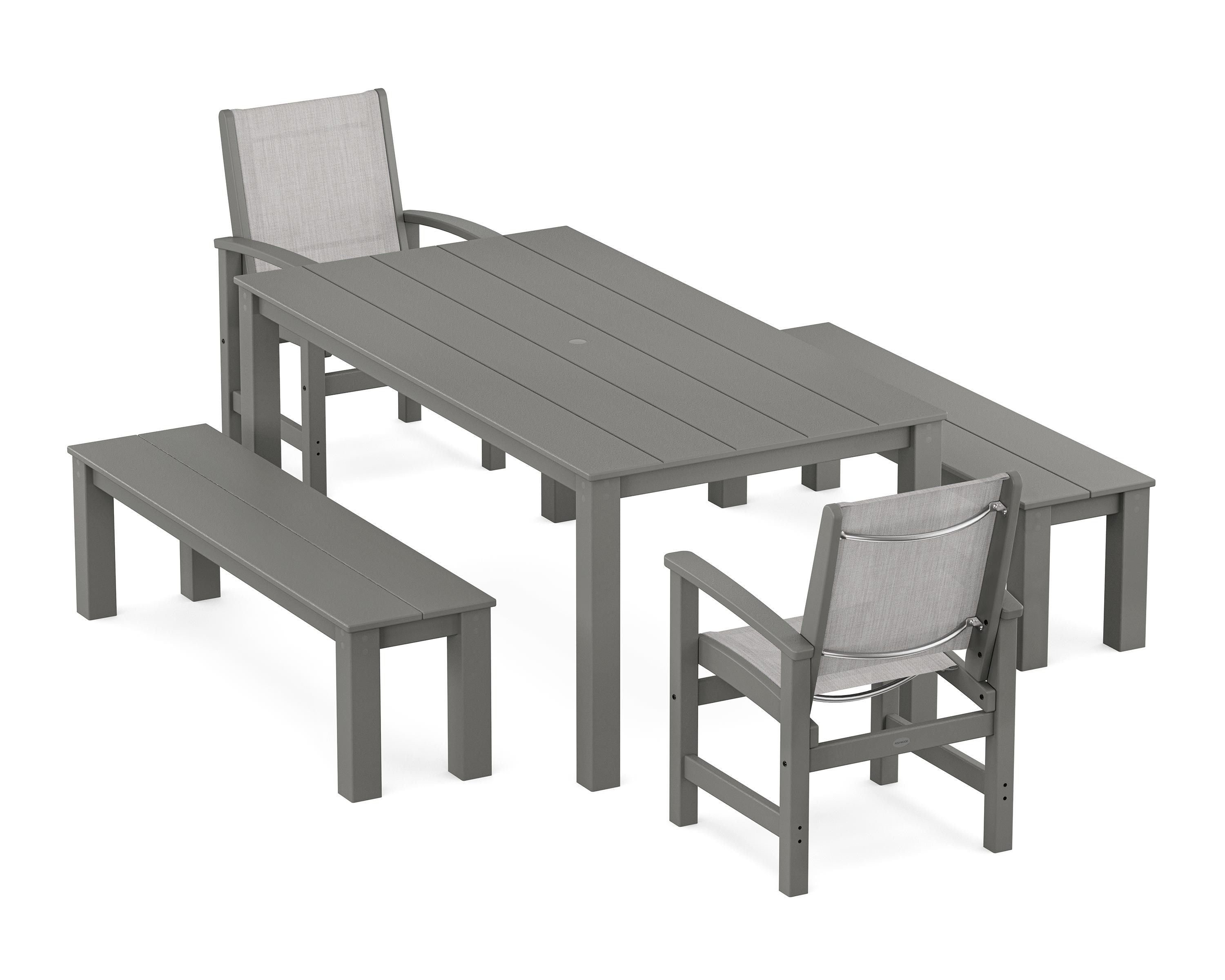 POLYWOOD® Coastal 5-Piece Parsons Dining Set with Benches in Green / Black Sling