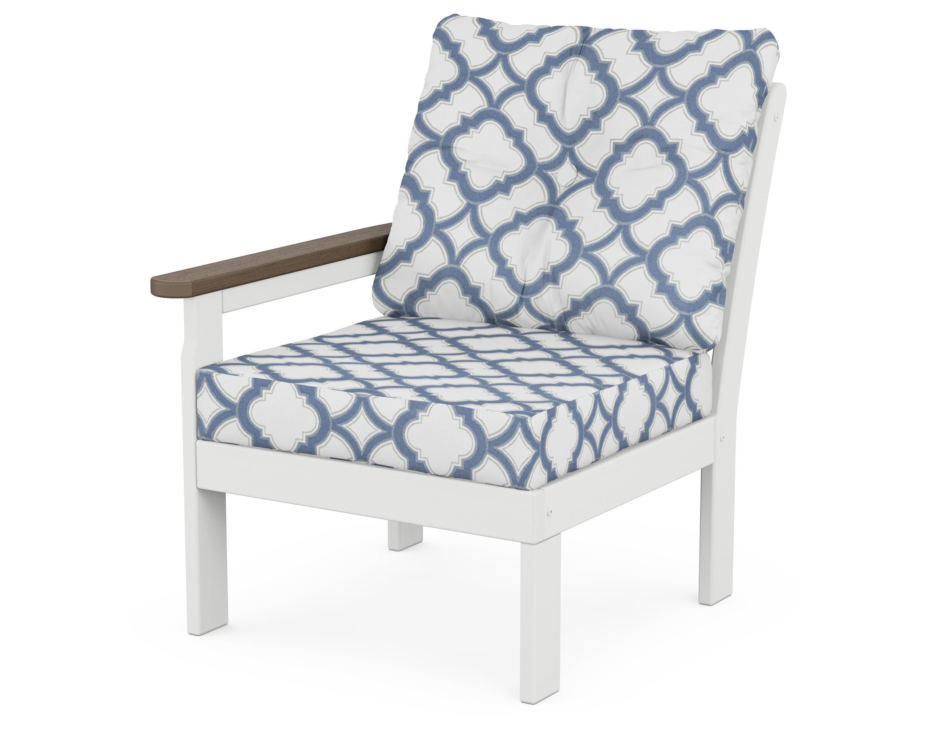 POLYWOOD® Vineyard Modular Left Arm Chair in White / Kona / Trellis Sky Blue