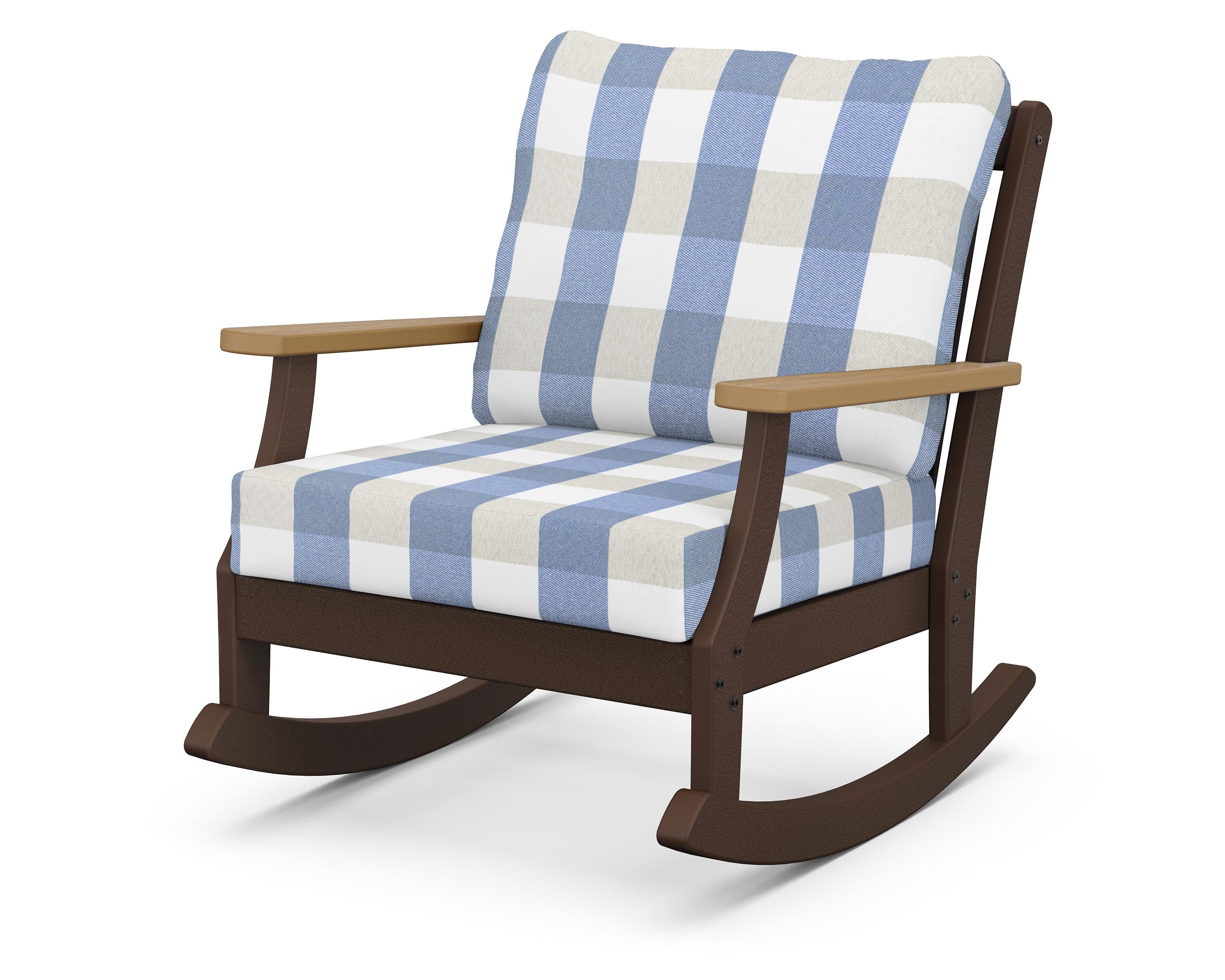 POLYWOOD® Braxton Deep Seating Rocking Chair in Mahogany / Natural / Buffalo Plaid Sky Blue