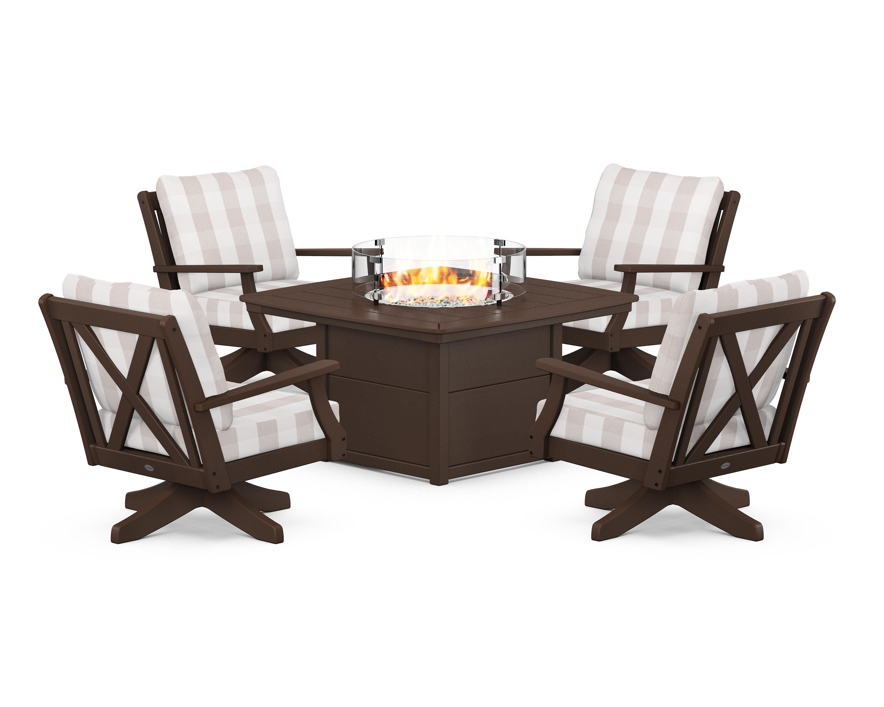POLYWOOD® Braxton 5-Piece Deep Seating Swivel Conversation Set with Fire Pit Table in Mahogany / Buffalo Plaid Dune Burlap