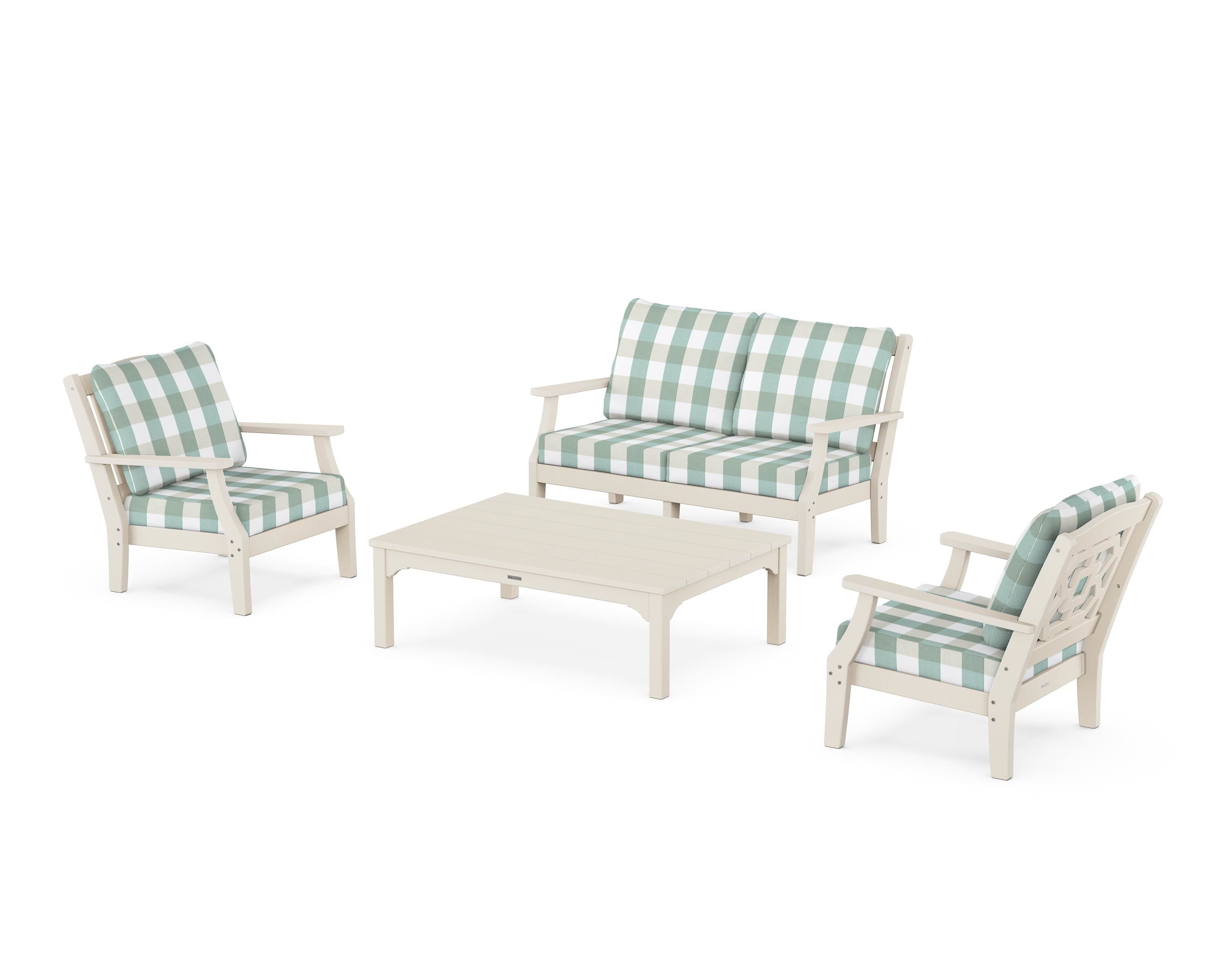 Martha Stewart by POLYWOOD® Chinoiserie 4-Piece Deep Seating Set with Loveseat in Sand / Buffalo Plaid Glacier Spa