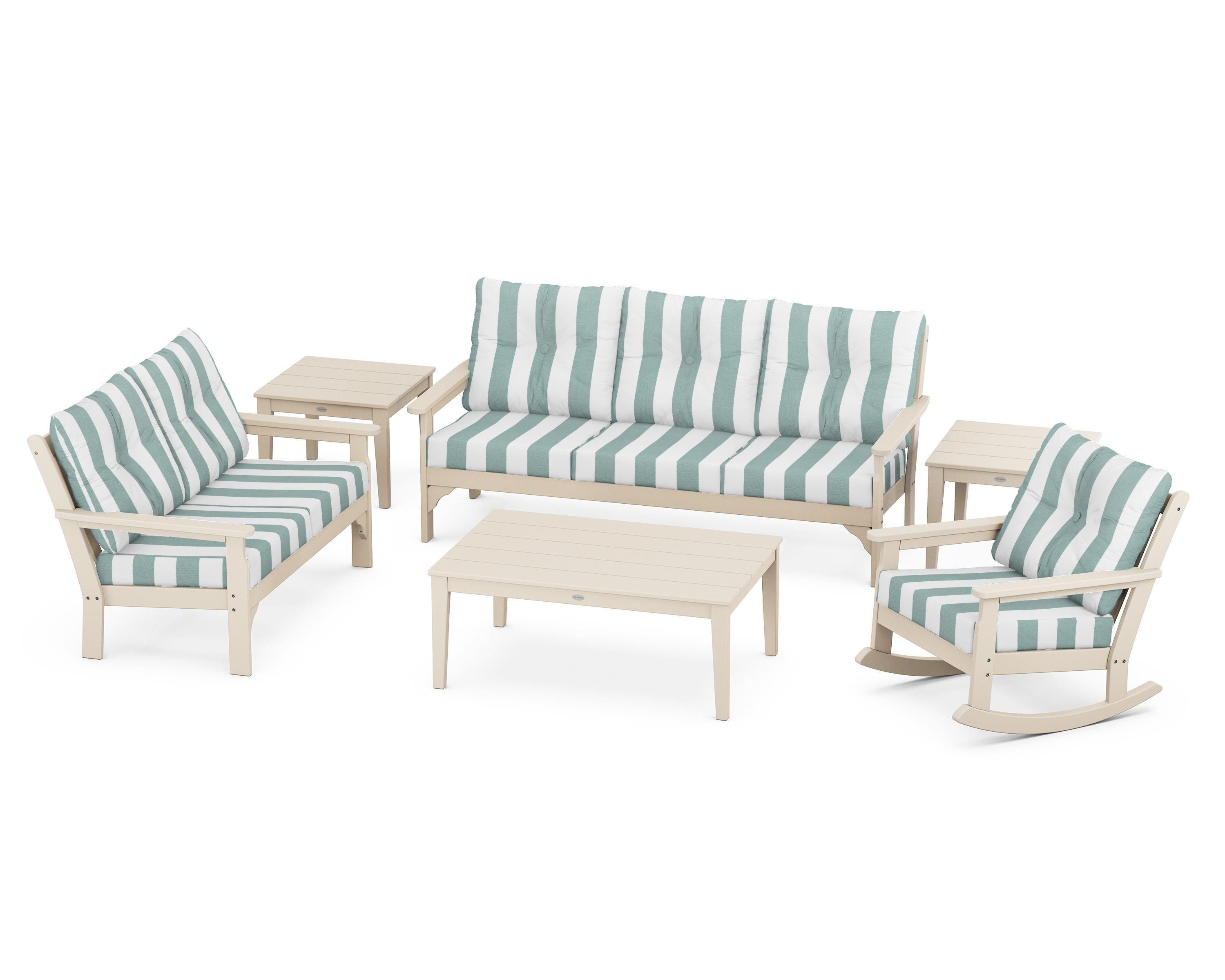 POLYWOOD® Vineyard 6-Piece Deep Seating Set in Sand / Cabana Stripe Glacier Spa