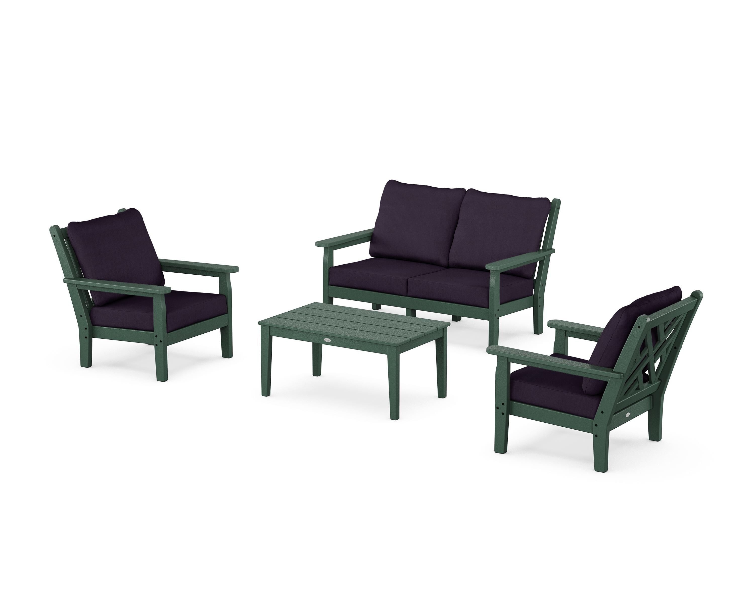 POLYWOOD® Chippendale 4-Piece Deep Seating Set with Loveseat in Green / Navy Linen