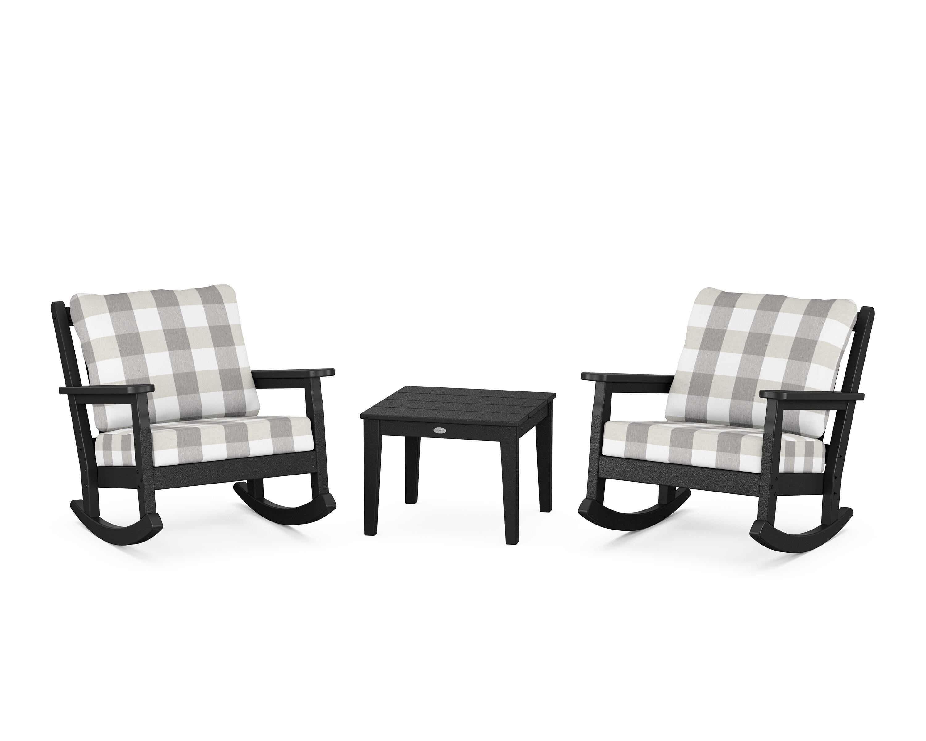 POLYWOOD® Chippendale 3-Piece Deep Seating Rocker Set in Black / Buffalo Plaid Grey Mist