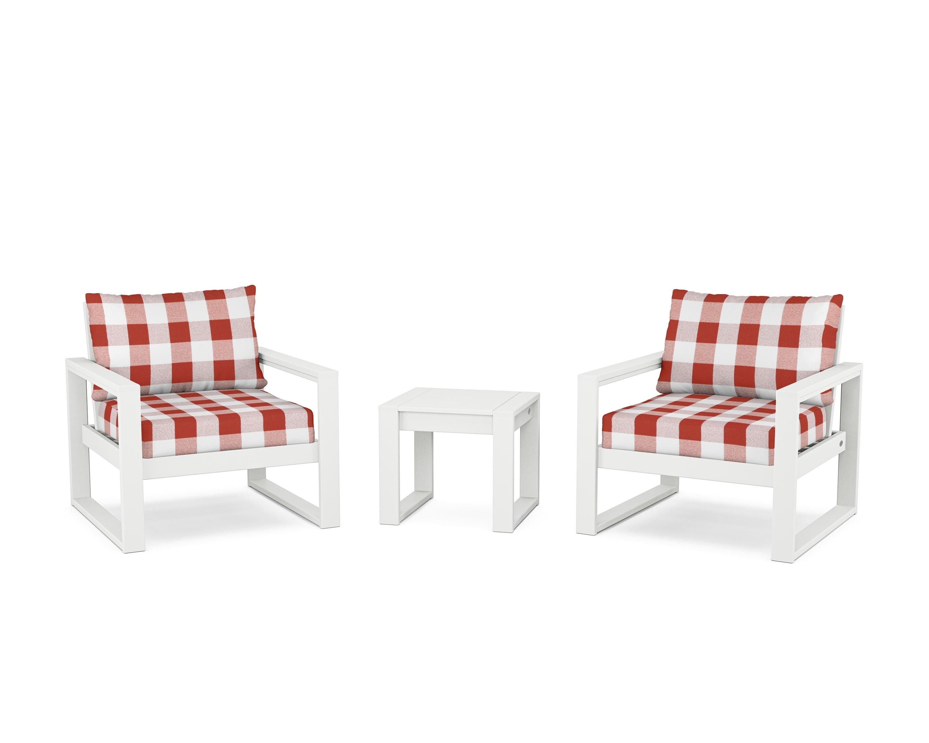 POLYWOOD® EDGE Sectional 3-Piece Deep Seating Set in White / Buffalo Plaid Crimson