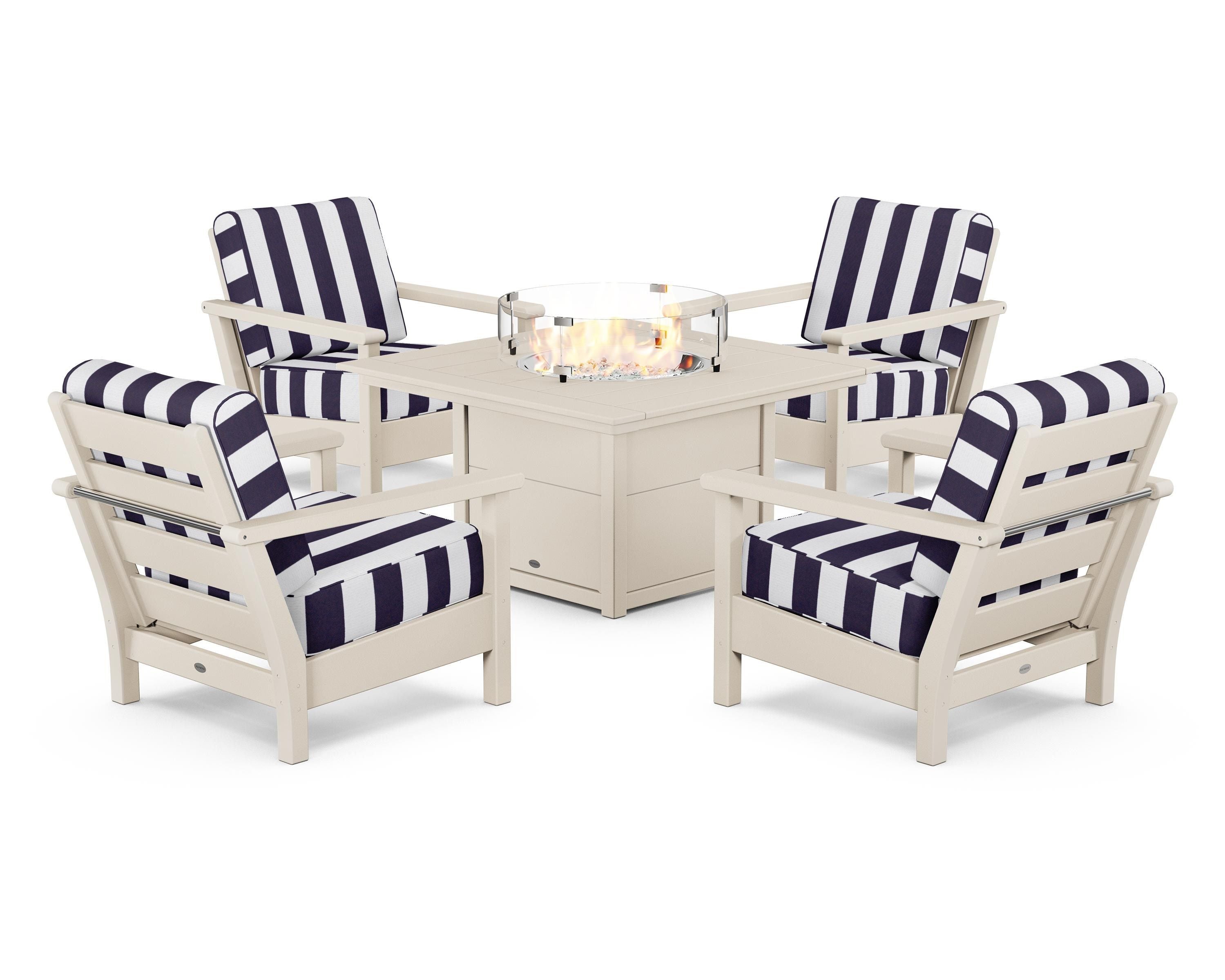 POLYWOOD® Harbour 5-Piece Conversation Set with Fire Pit Table in Sand / Cabana Stripe Navy