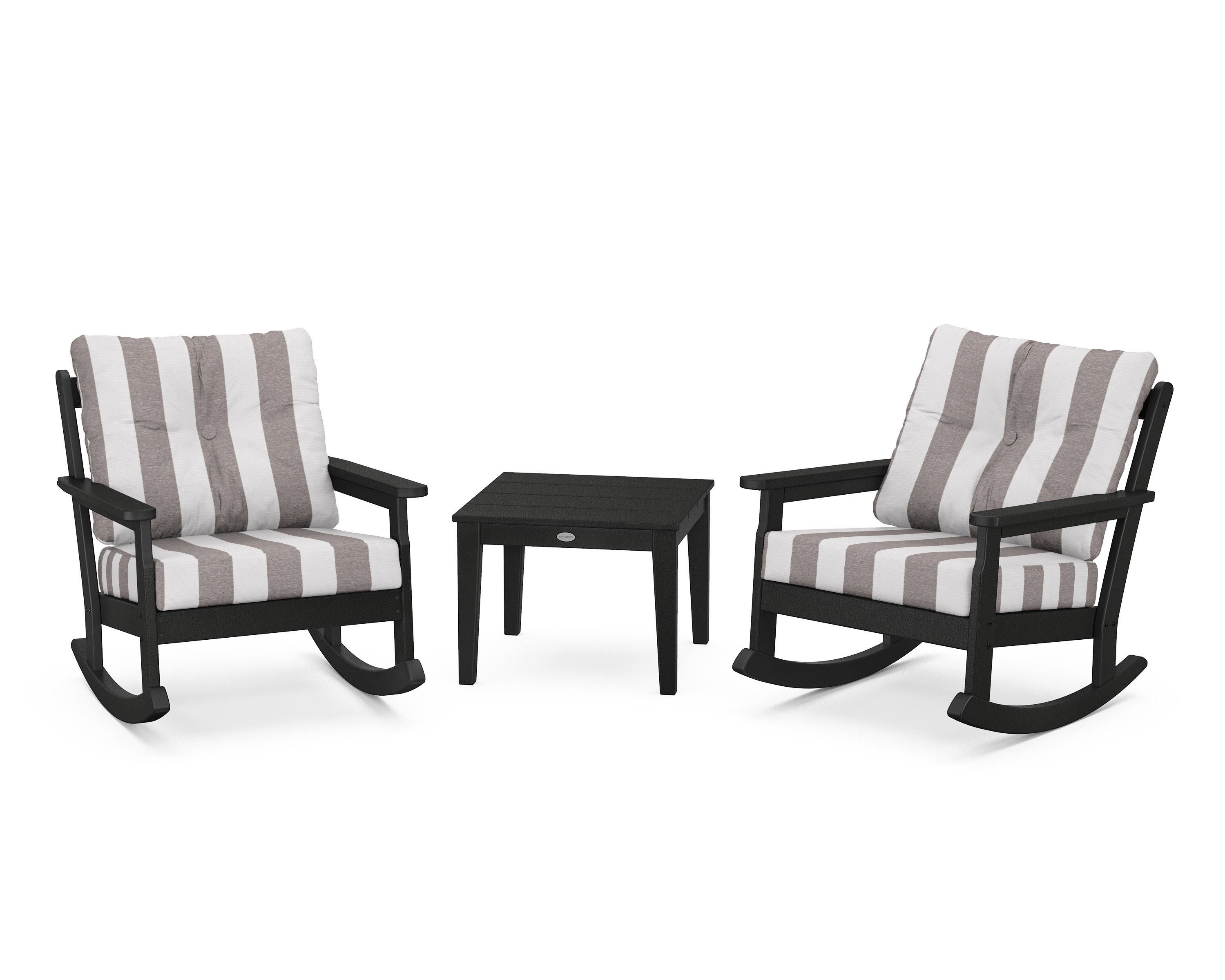 POLYWOOD® Vineyard 3-Piece Deep Seating Rocker Set in Black / Cabana Stripe Grey Mist