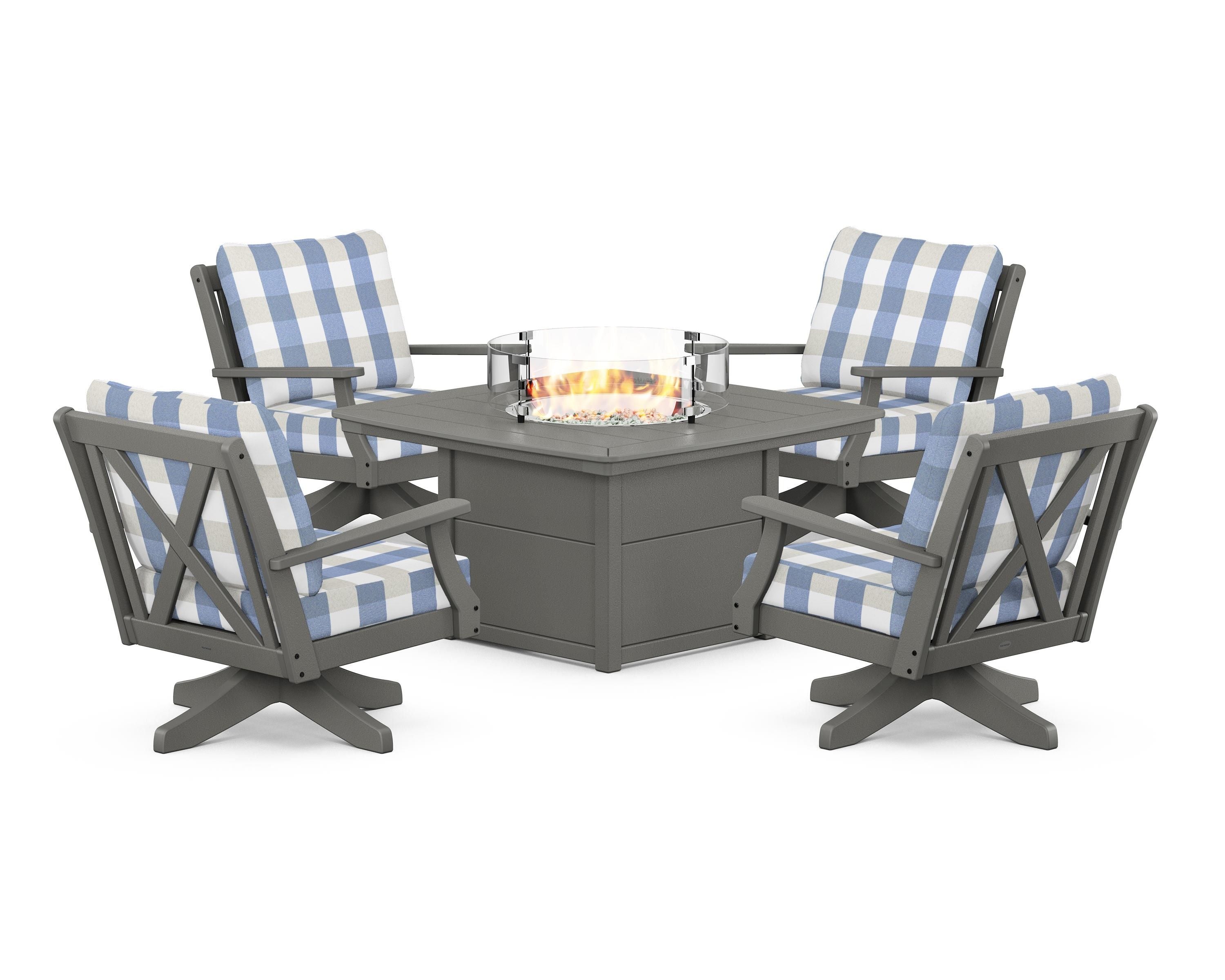 POLYWOOD® Braxton 5-Piece Deep Seating Swivel Conversation Set with Fire Pit Table in Slate Grey / Buffalo Plaid Sky Blue