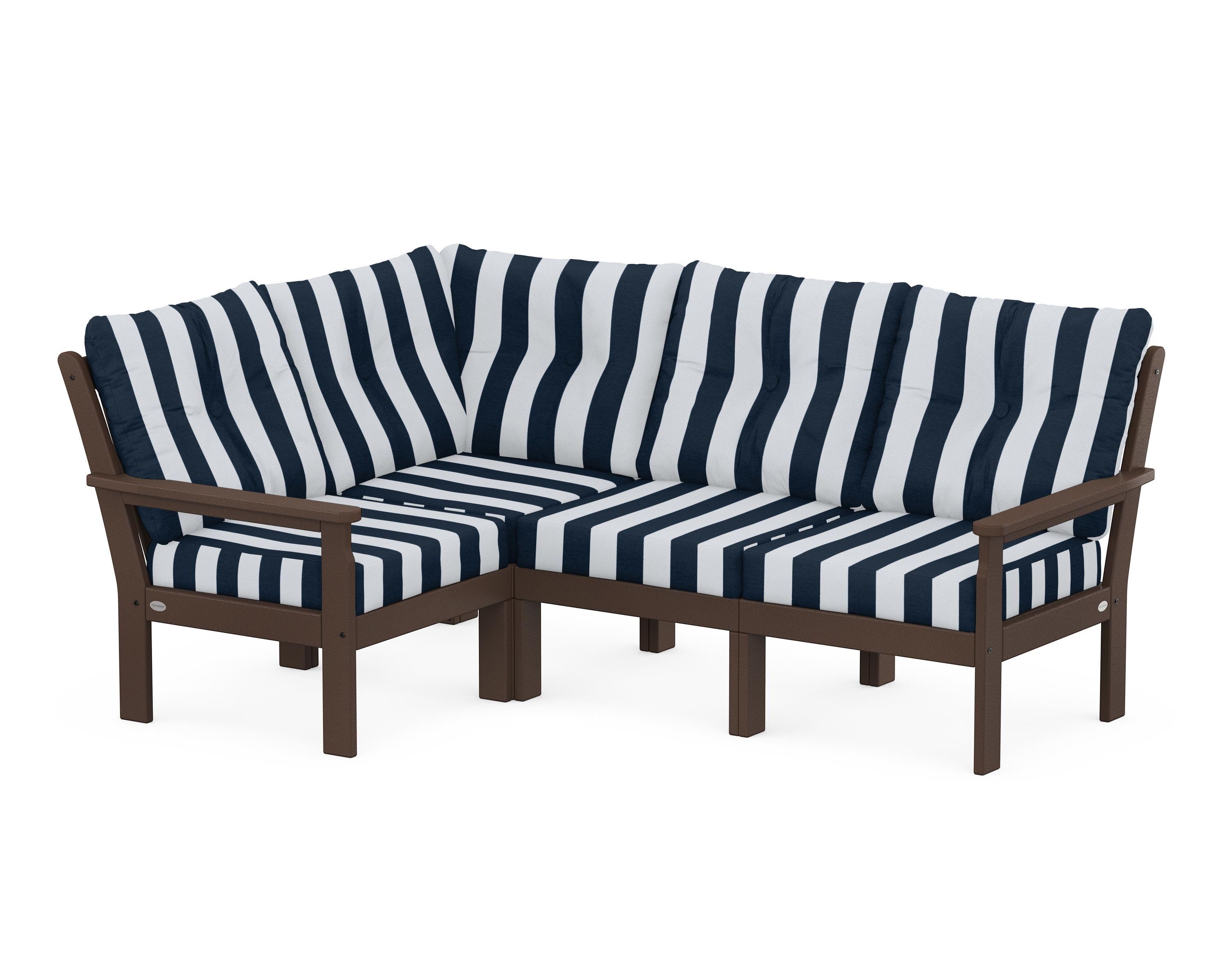 POLYWOOD® Vineyard 4-Piece Sectional in Mahogany / Cabana Stripe Marine Indigo