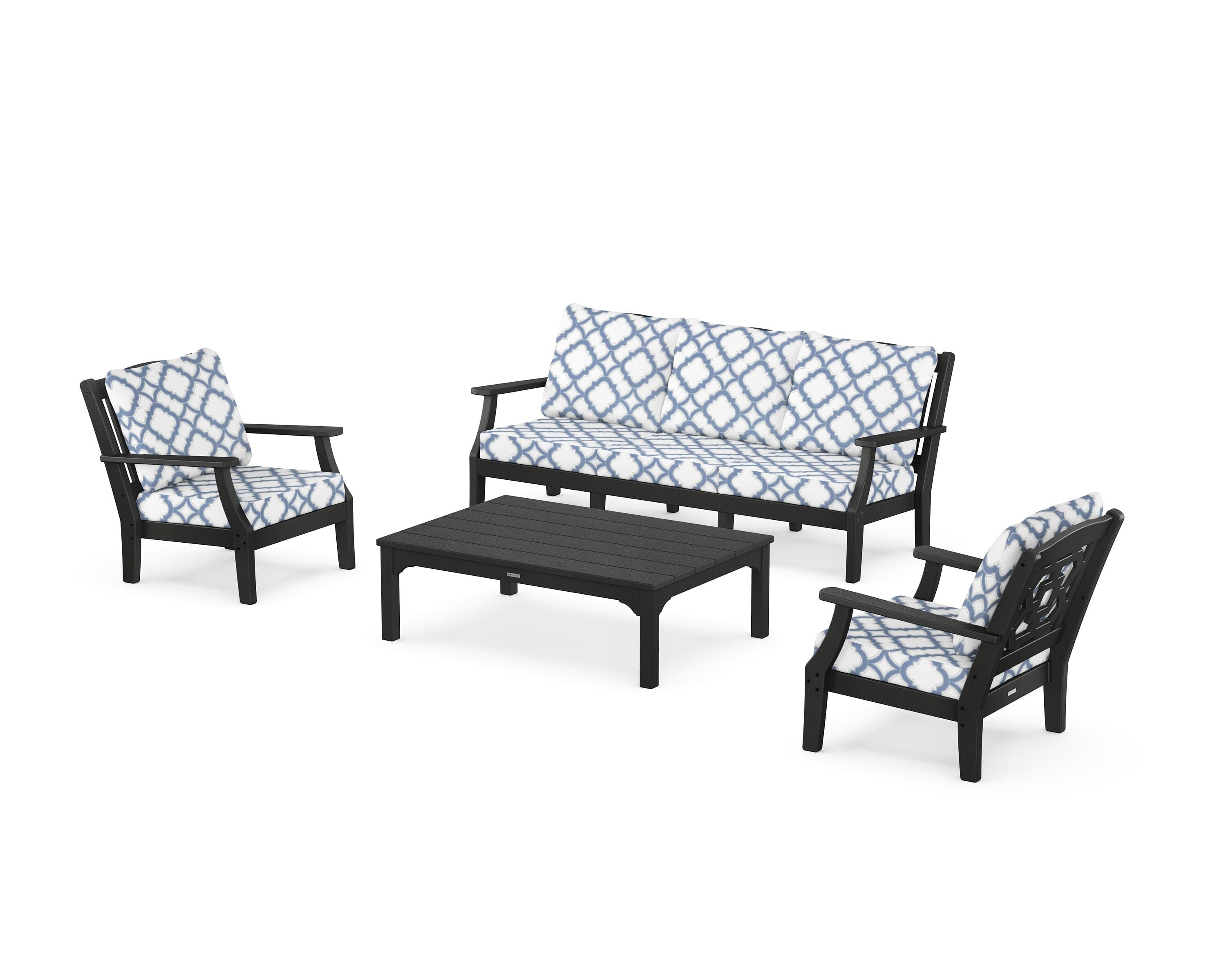Martha Stewart by POLYWOOD® Chinoiserie 4-Piece Deep Seating Set with Sofa in Black / Trellis Sky Blue