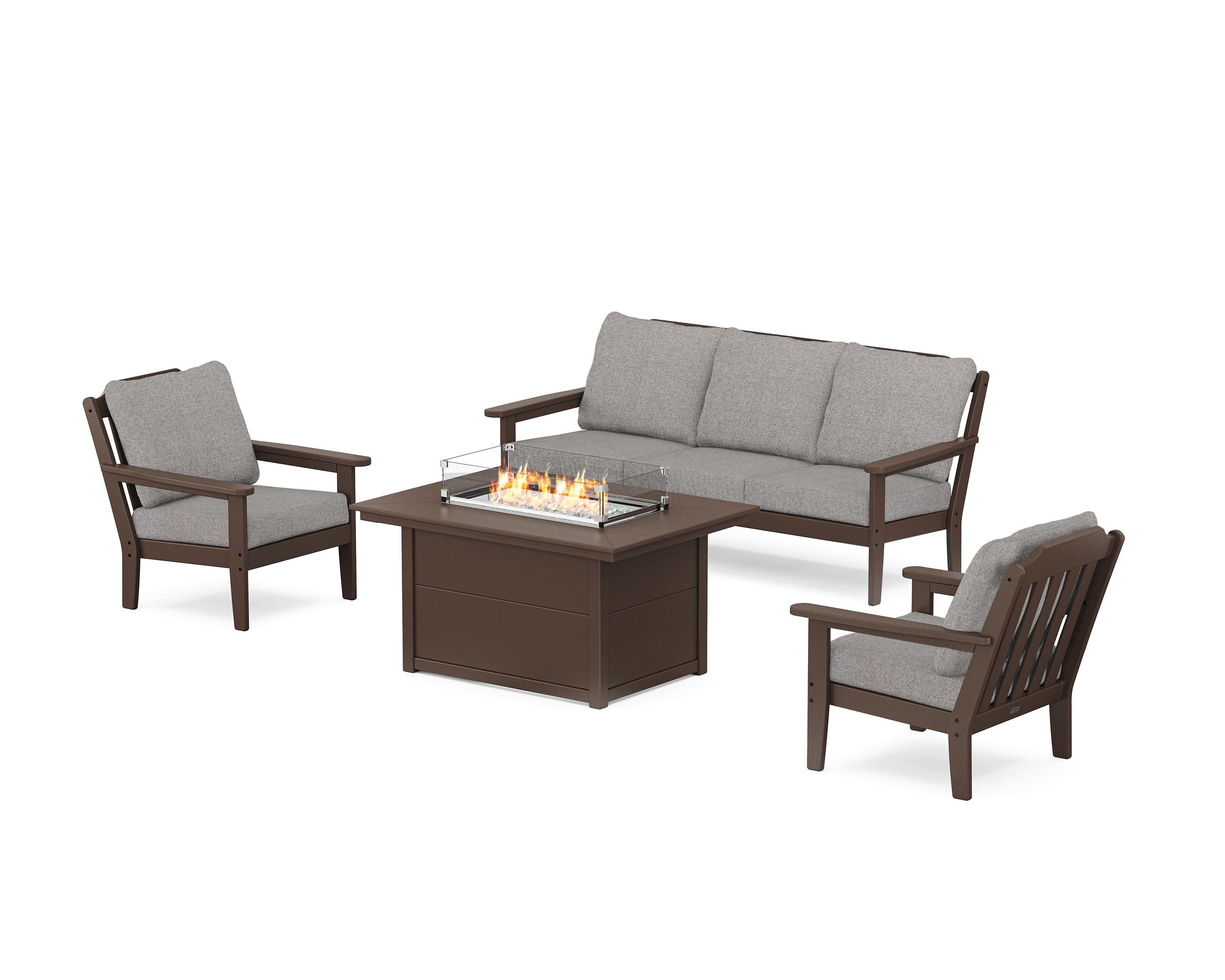 Country Living Cottage Deep Seating Fire Pit Table Set in Mahogany / Grey Mist