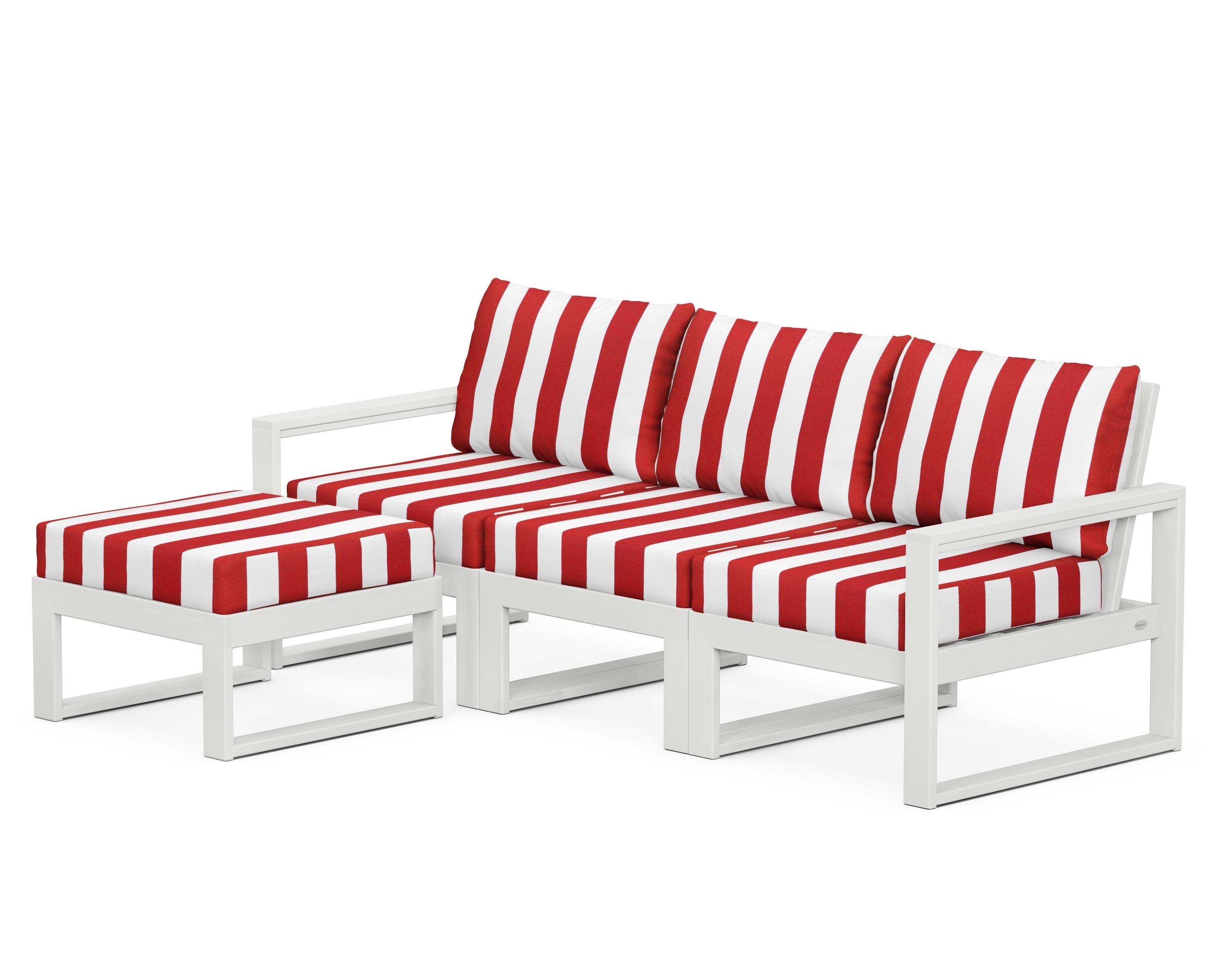 POLYWOOD® EDGE 4-Piece Modular Deep Seating Set with Ottoman in White / Cabana Stripe Crimson